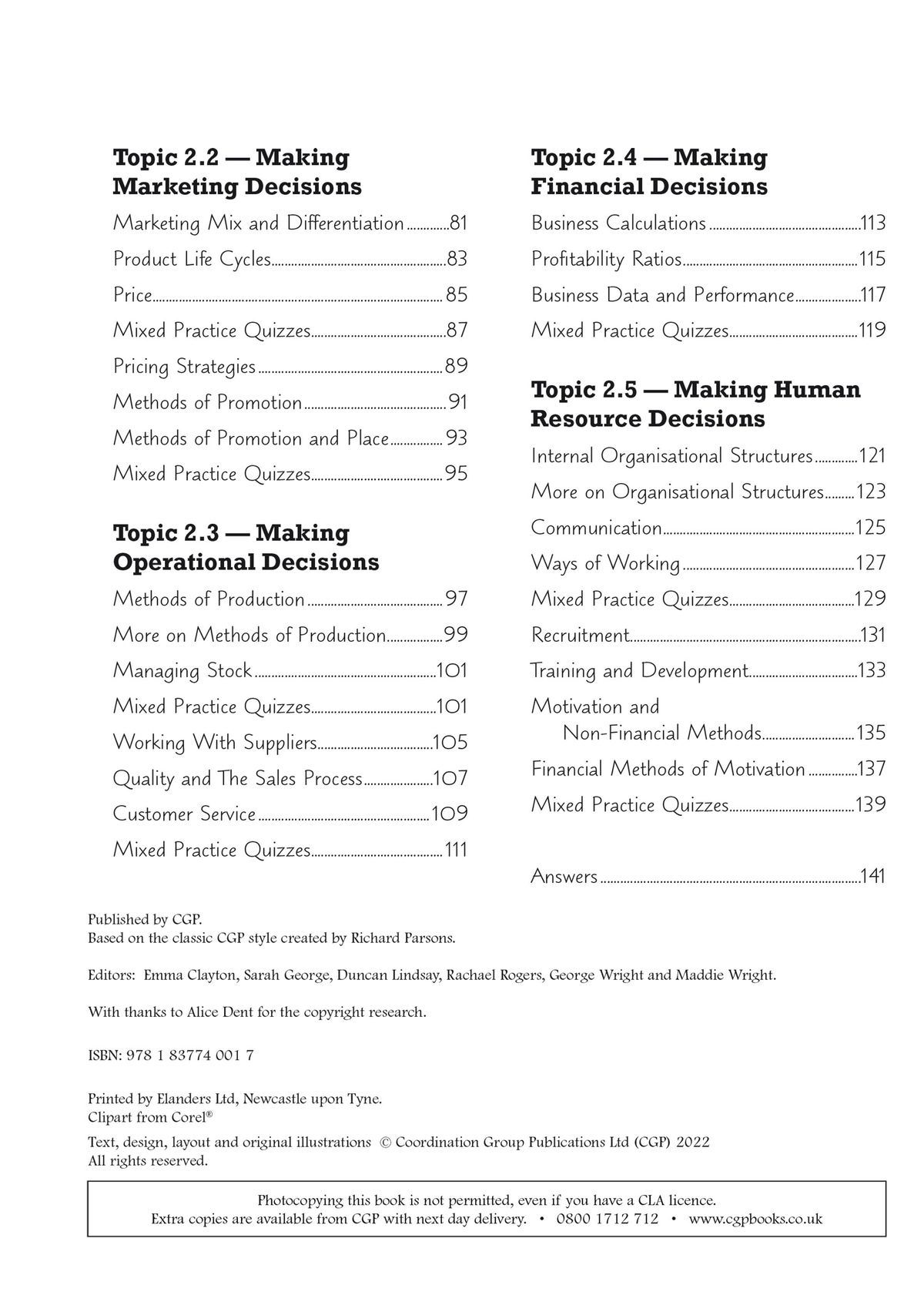 Contents page showing GCSE Business topics including Making Marketing Decisions, Making Financial Decisions, Making Operational Decisions and Making Human Resource Decisions