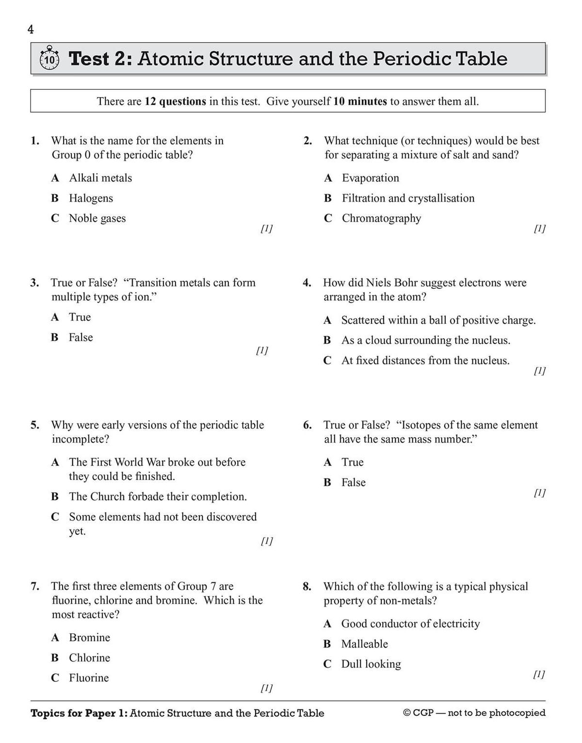 Sample test page with diagram-based questions and extended written answer spaces
