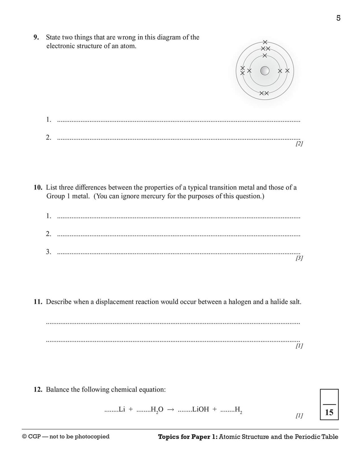 Sample page showing multiple-choice and short-answer questions on atomic structure and the periodic table