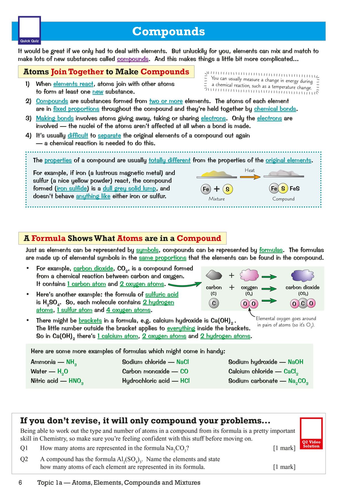 Double page spread showing compounds topic with clear explanations, diagrams and practice questions