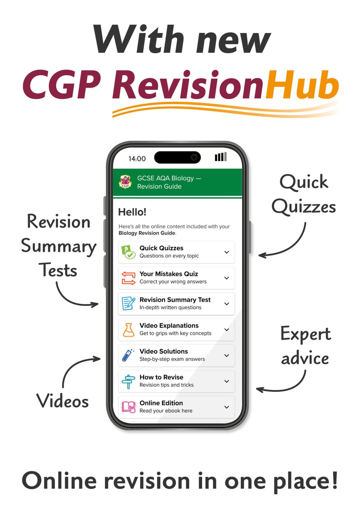 CGP RevisionHub mobile interface showing online revision features