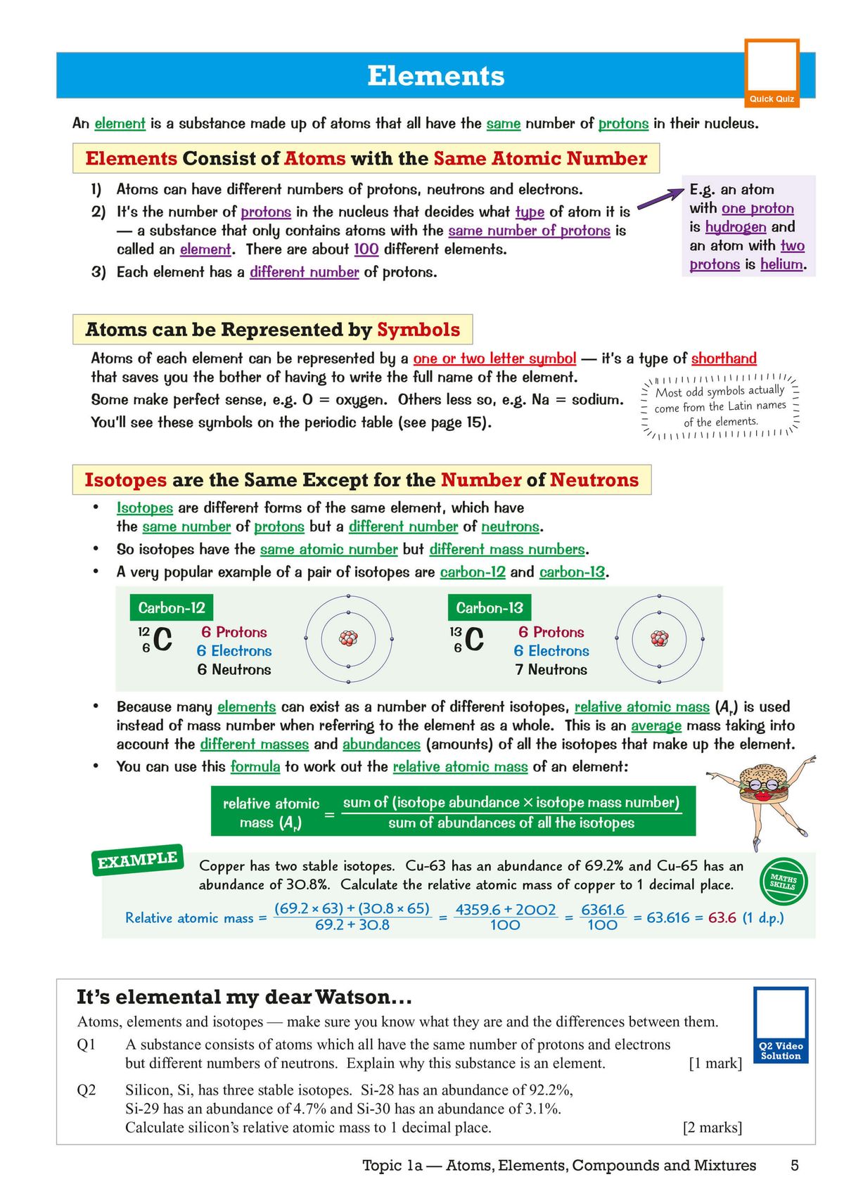 Elements topic page showing atomic structure, isotopes and worked examples with practice questions