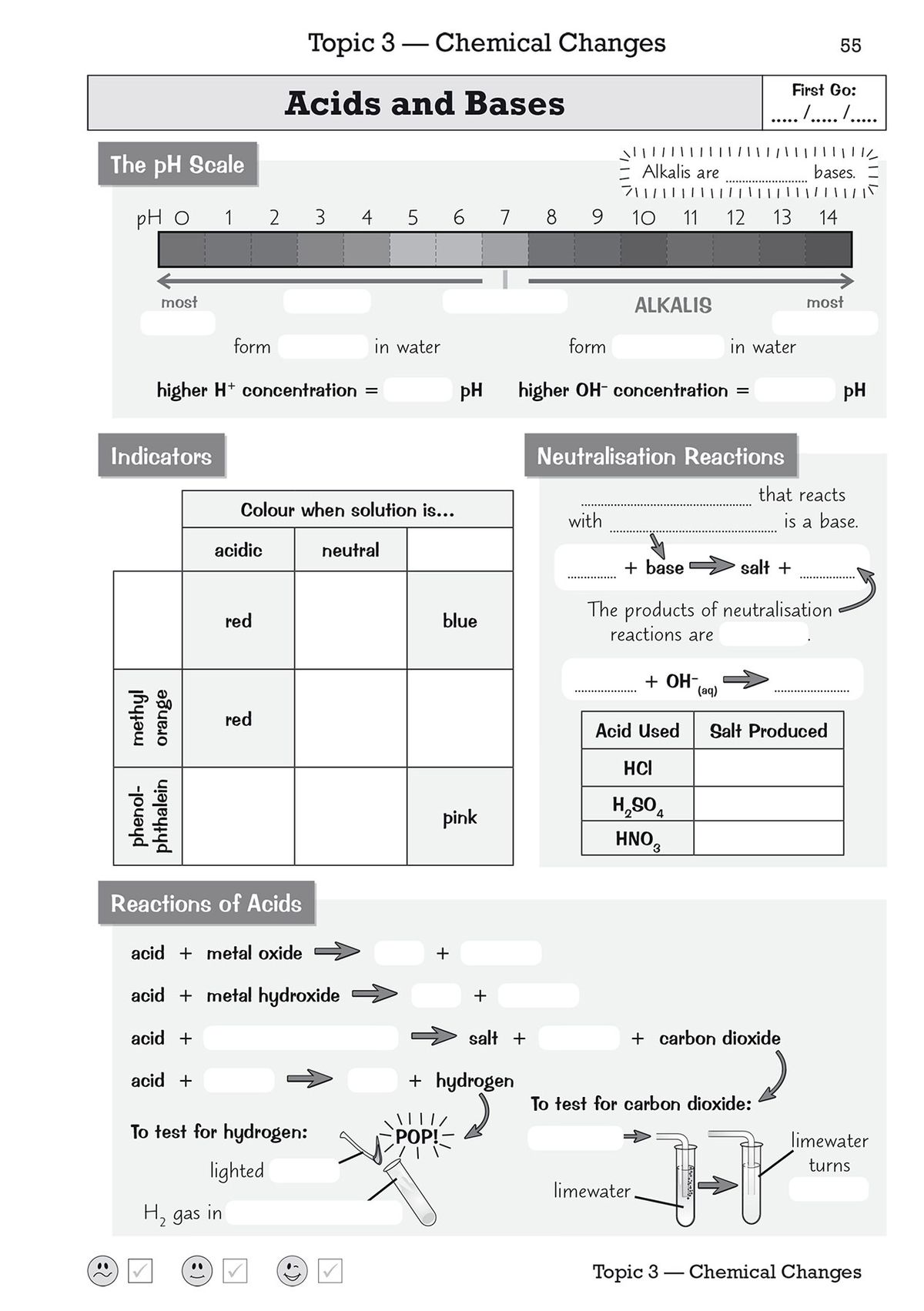 Example page showing acids and bases retrieval practice with pH scale and neutralisation reactions