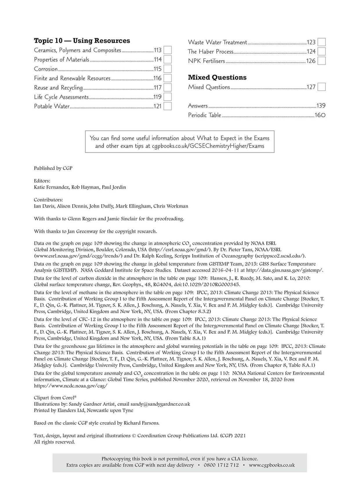 Contents page showing Topic 10 coverage including ceramics, polymers, composites, finite resources, recycling, life cycle assessments, and potable water