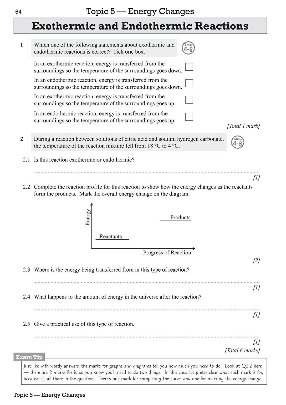 Sample question page on exothermic and endothermic reactions with grade labels, tick boxes, and an exam tip
