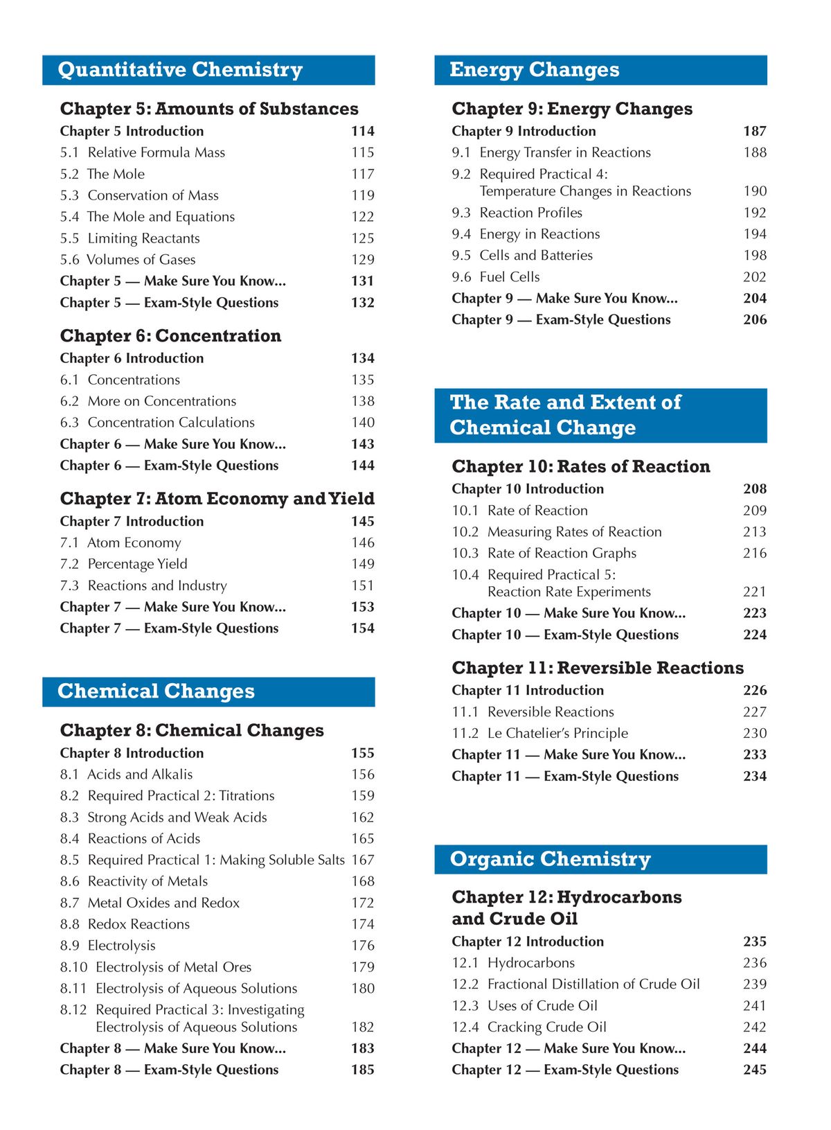 Contents page showing quantitative chemistry, energy changes and organic chemistry chapters
