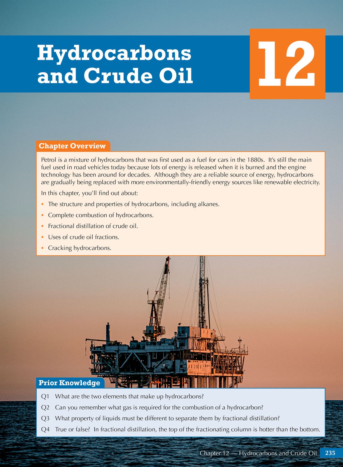 Chapter opener for hydrocarbons and crude oil with overview and prior knowledge questions