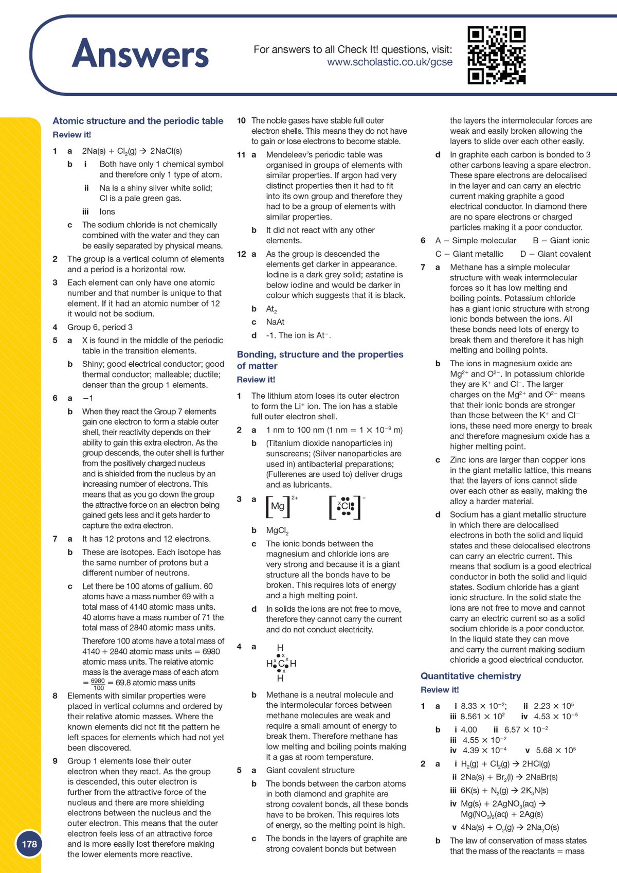 Answer pages from the GCSE Chemistry Revision Guide showing worked solutions