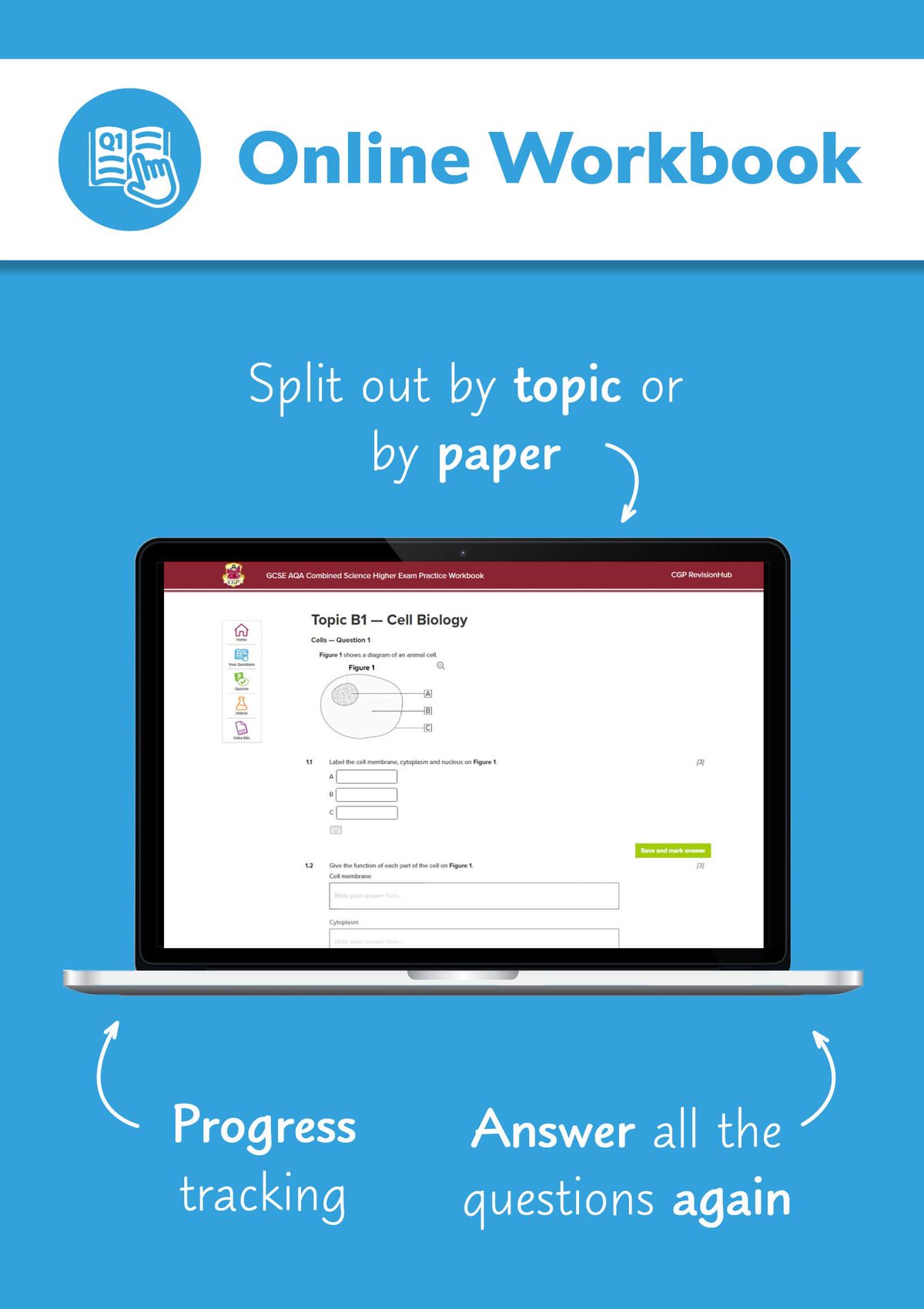 Online workbook interface showing Biology questions and progress tracking