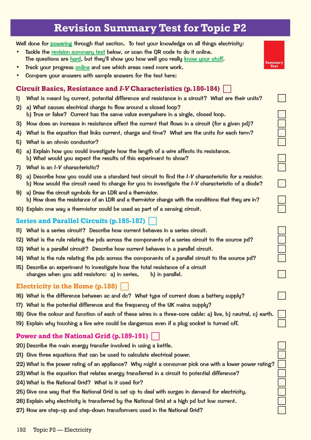 CGP revision summary test page for electricity topic showing checklist of questions covering circuit basics, series and parallel circuits, and power