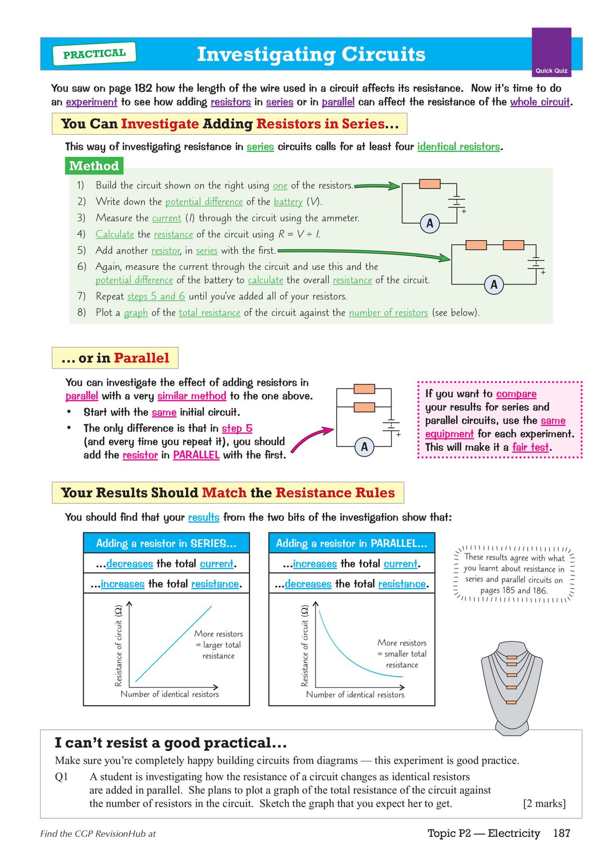 CGP GCSE Combined Science AQA Foundation Revision Guide sample page showing circuit diagrams and practical investigations