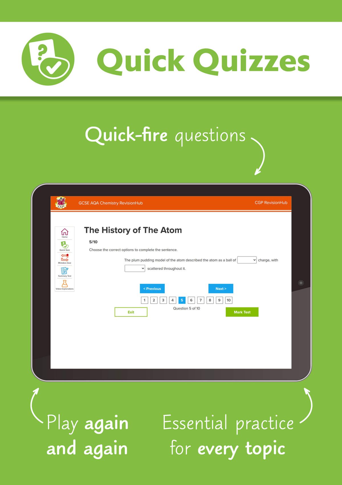 Screenshot of online Quick Quiz showing an interactive multiple-choice question about atomic structure