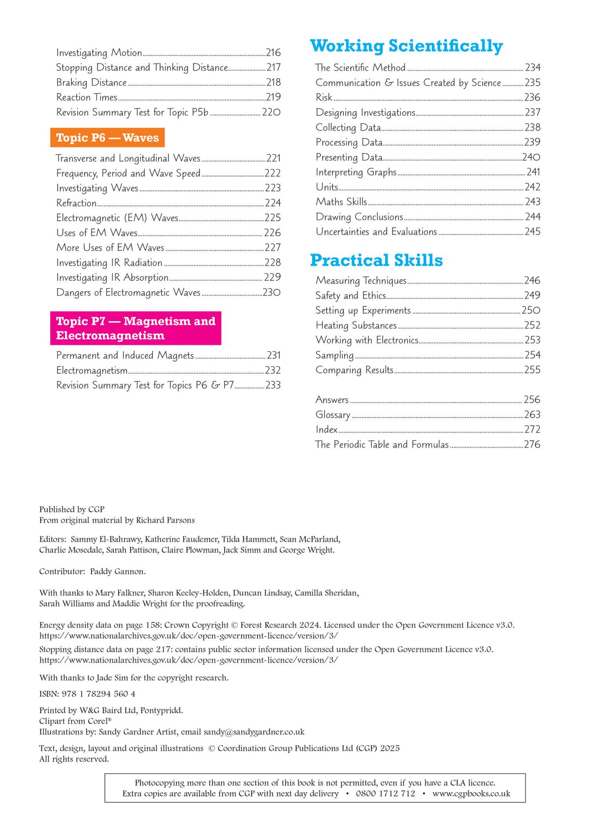 Contents page showing detailed topic coverage for Working Scientifically and Practical Skills sections
