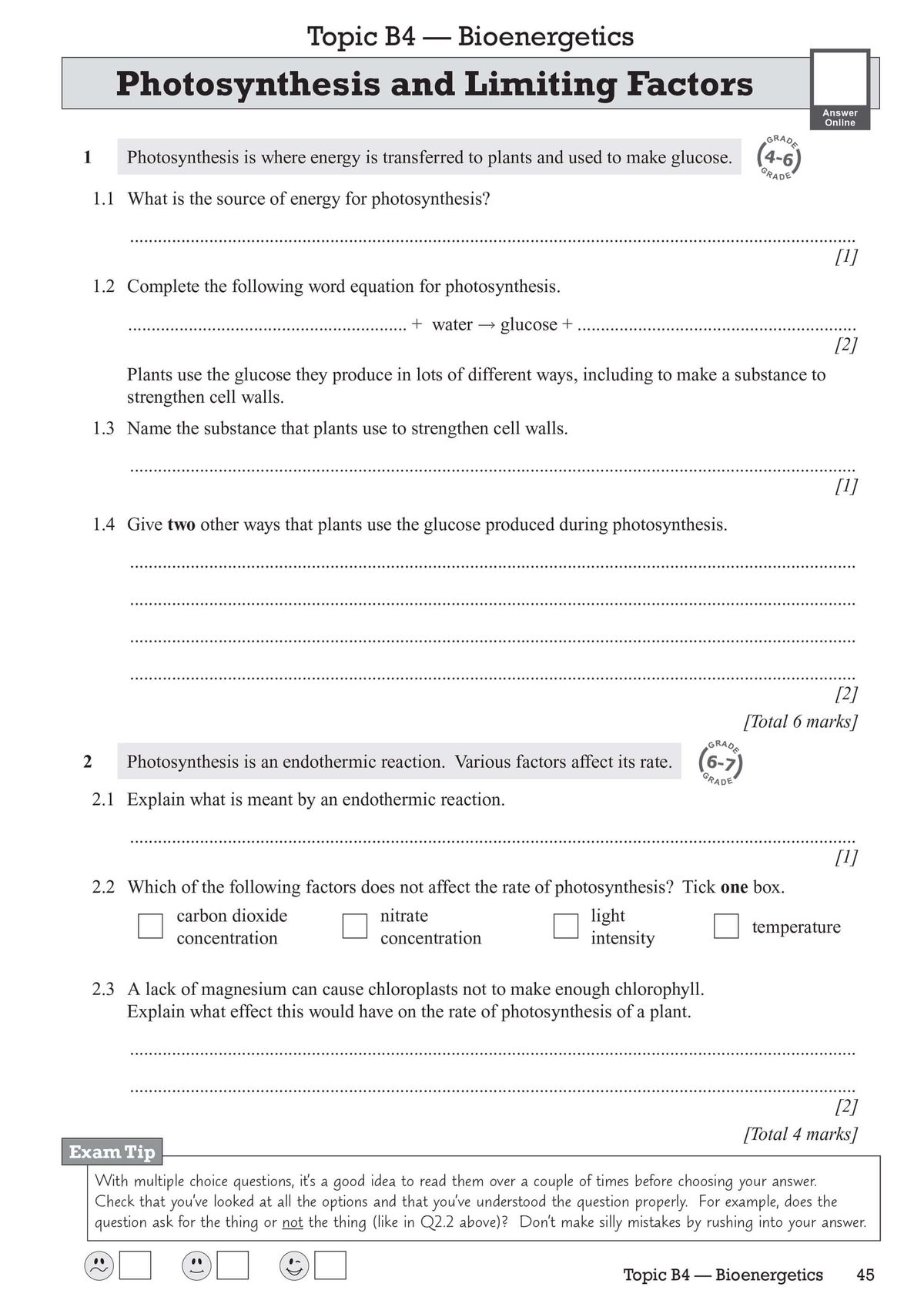 Sample biology questions on photosynthesis and limiting factors