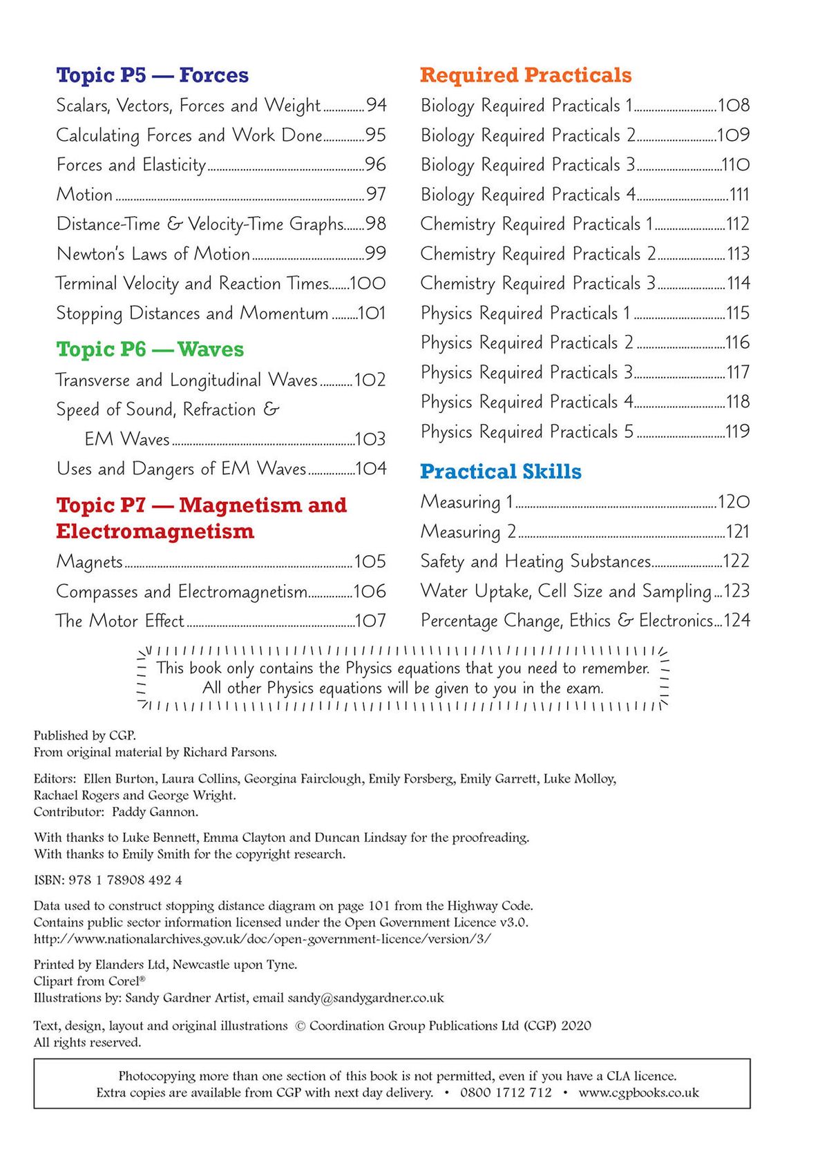 Sample contents page showing Physics topics including Forces, Waves, Magnetism and Electromagnetism, plus Required Practicals and Practical Skills