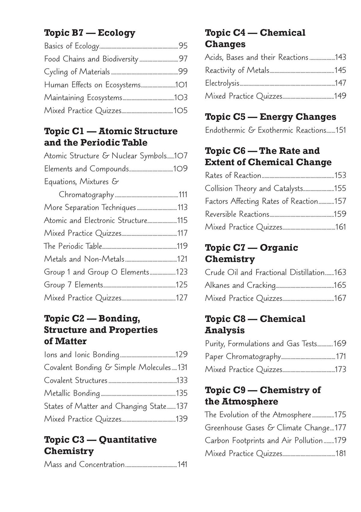 Contents page listing biology, chemistry and physics topics