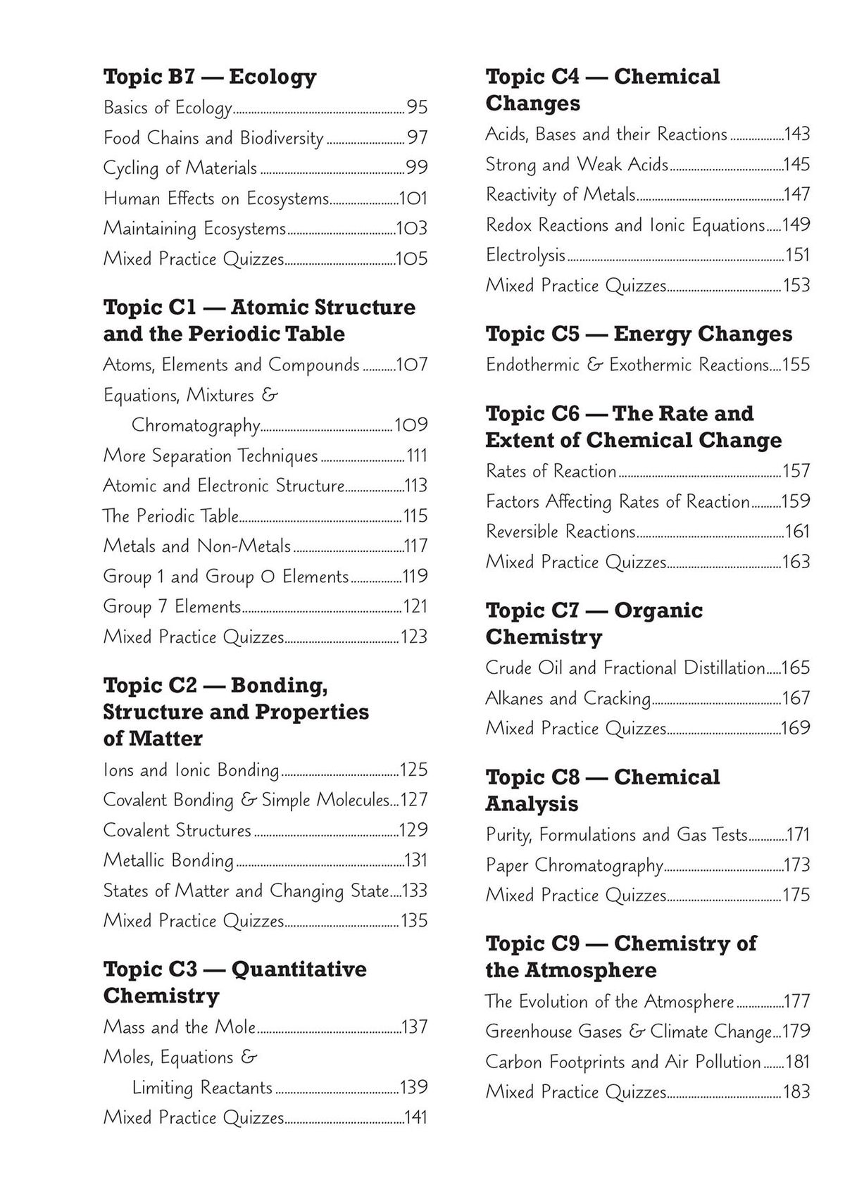 Contents page listing Biology, Chemistry and Physics topics by specification code
