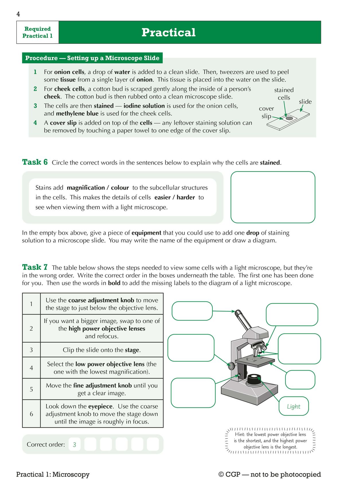 Sample page showing microscopy practical tasks with labelled diagrams and step-by-step procedure instructions