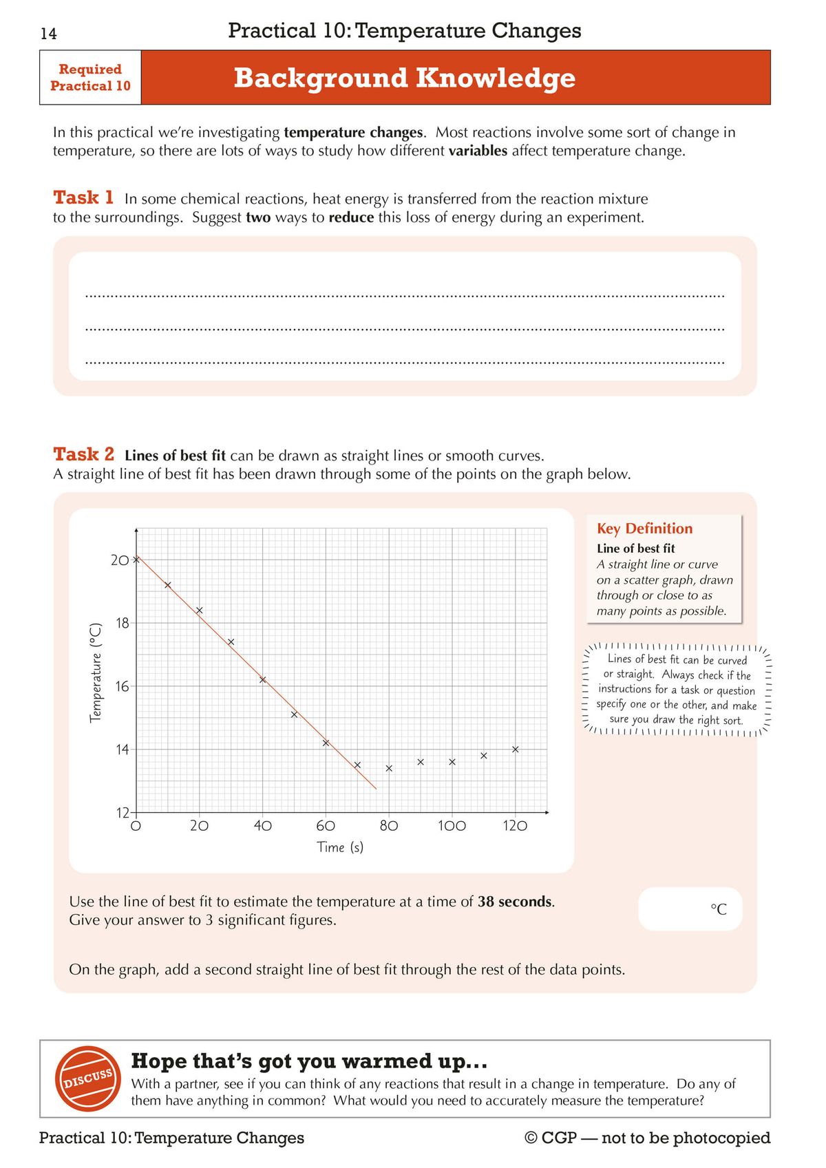 Sample task page showing temperature change practical with step-by-step diagrams and questions