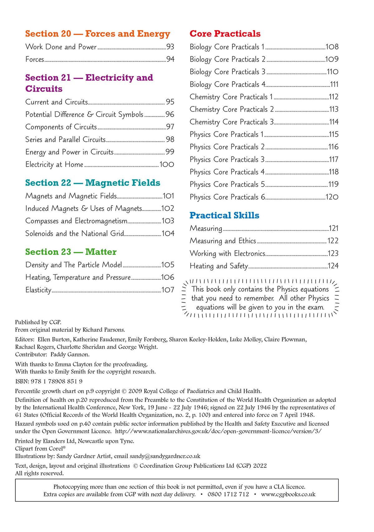 Contents pages showing Biology, Chemistry and Physics sections with Core Practicals and Practical Skills topics