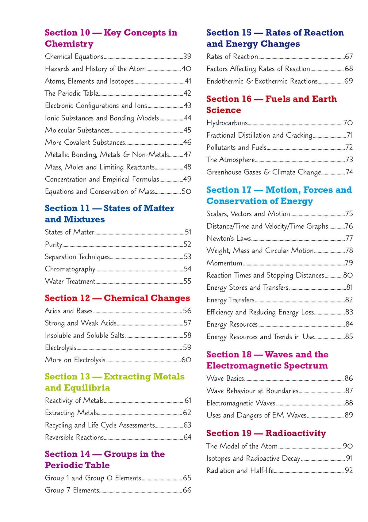 Contents page displaying the Physics and practical skills sections
