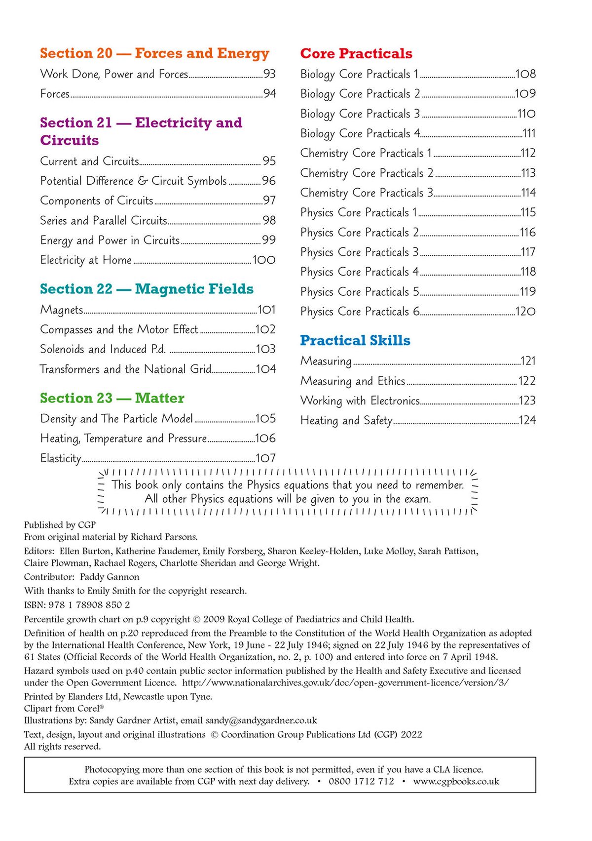 Contents page showing the detailed section breakdown for Chemistry topics