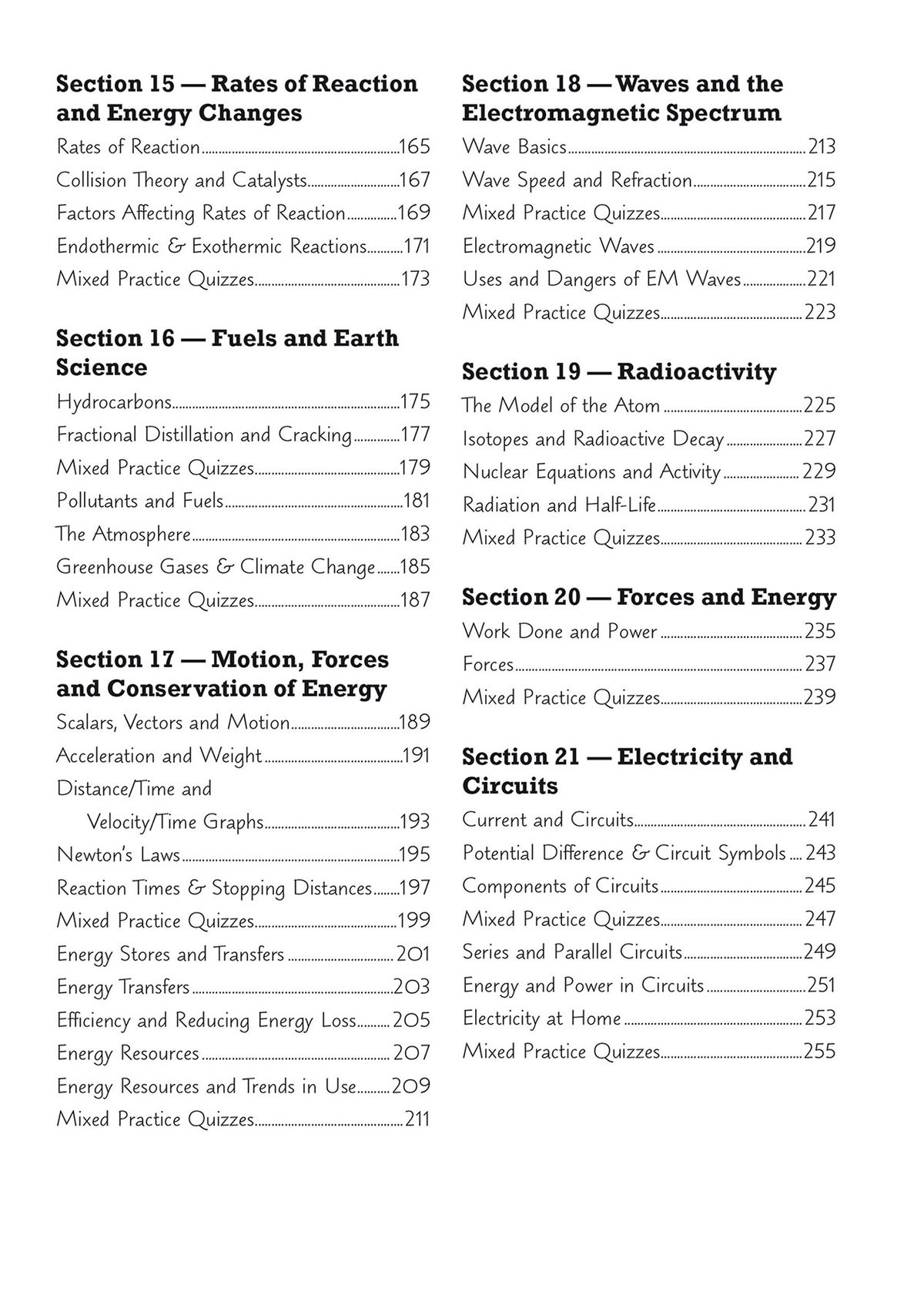 Inside pages showing mixed practice quiz questions covering multiple science topics