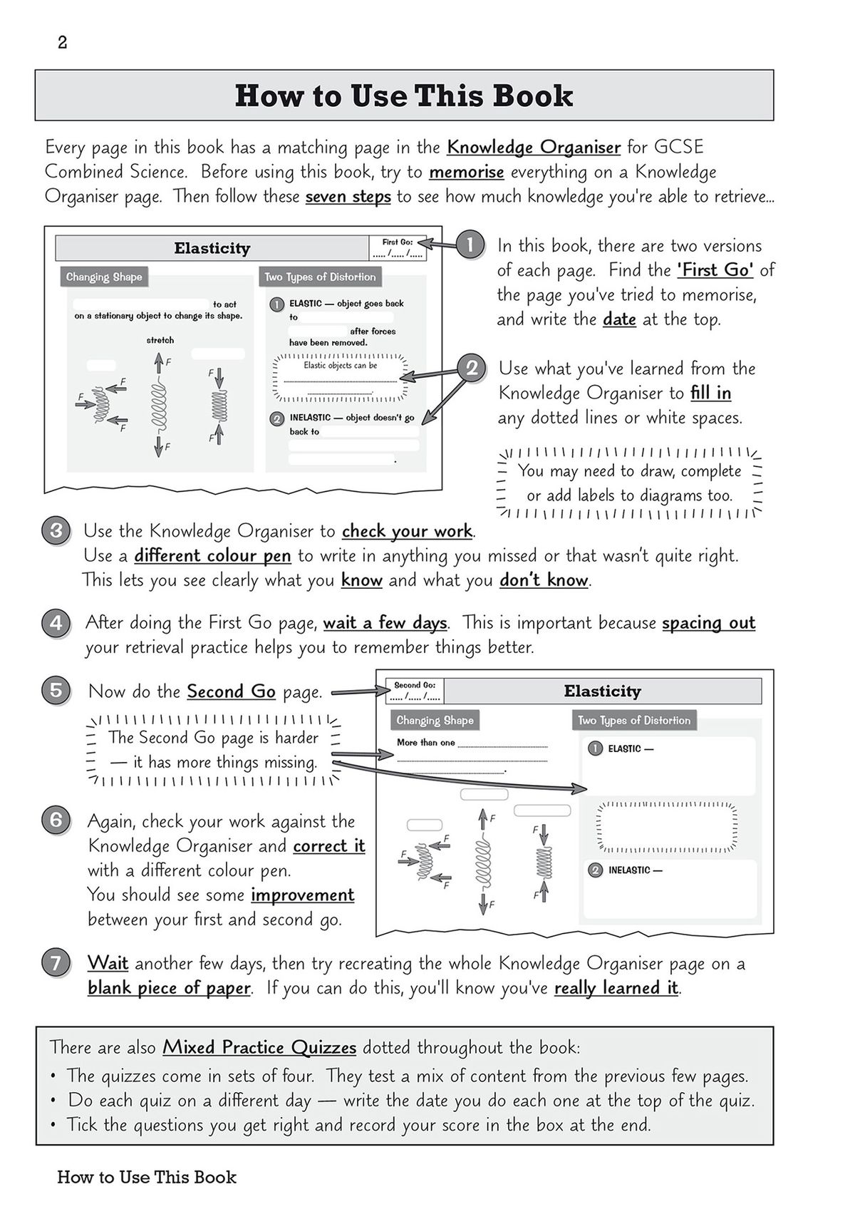 Sample mixed-practice quiz pages testing multiple Combined Science topics