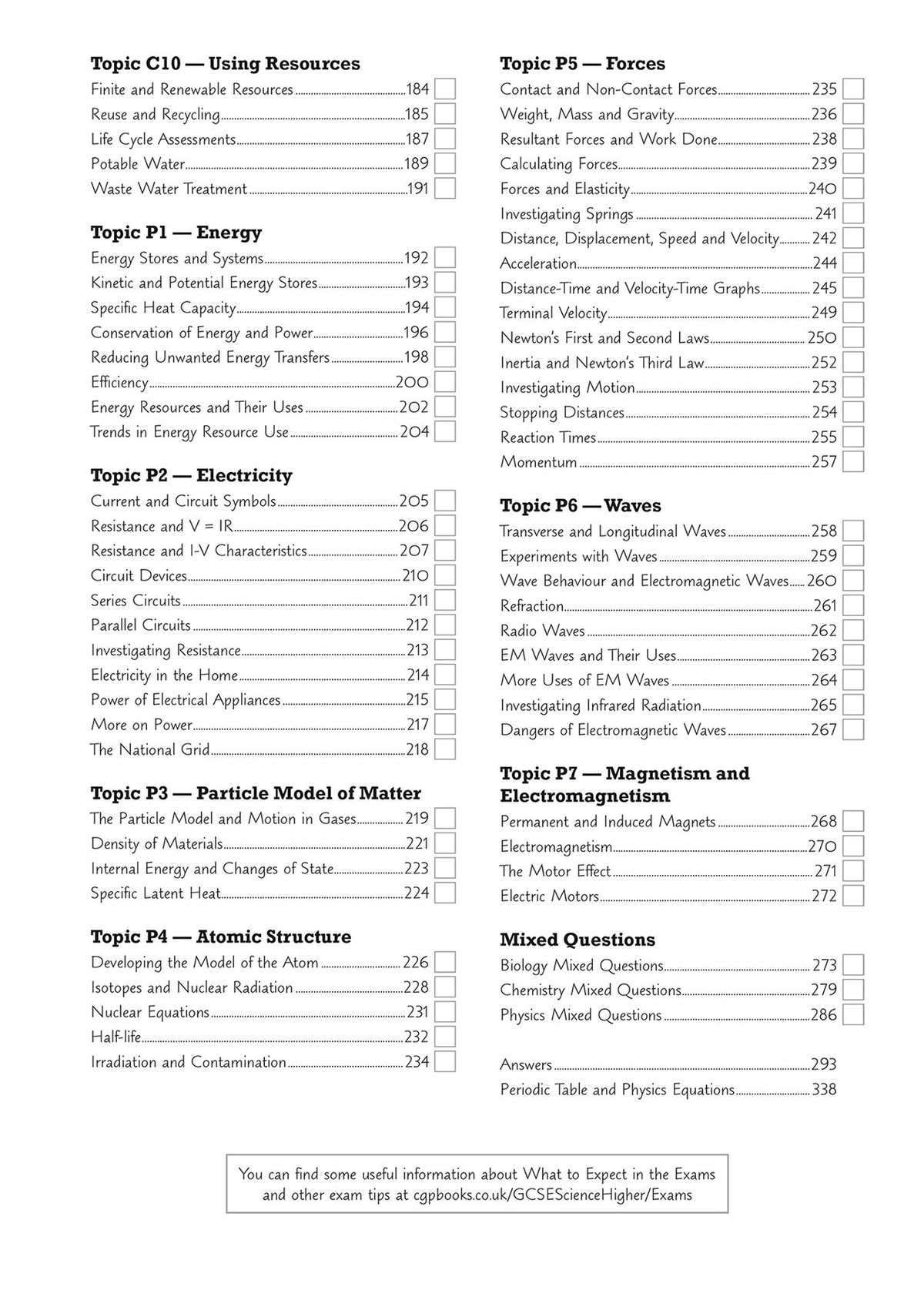 Contents page showing Biology, Chemistry and Physics topics with page numbers and tick boxes
