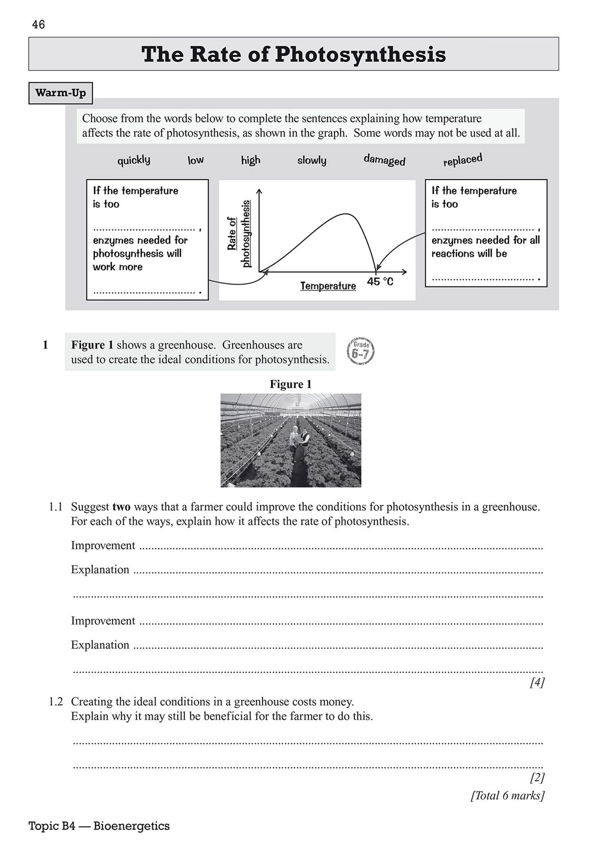 Sample Biology exam question on photosynthesis with warm-up task, diagram of greenhouse and answer lines