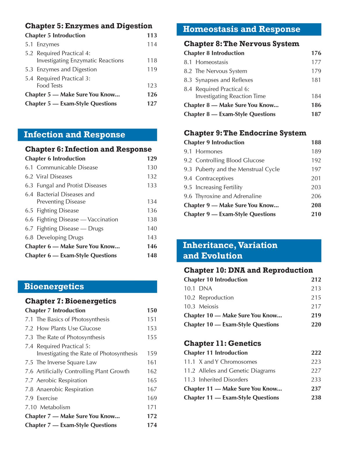 Contents pages showing chapter headings for Enzymes, Nervous System, Endocrine System, and Genetics