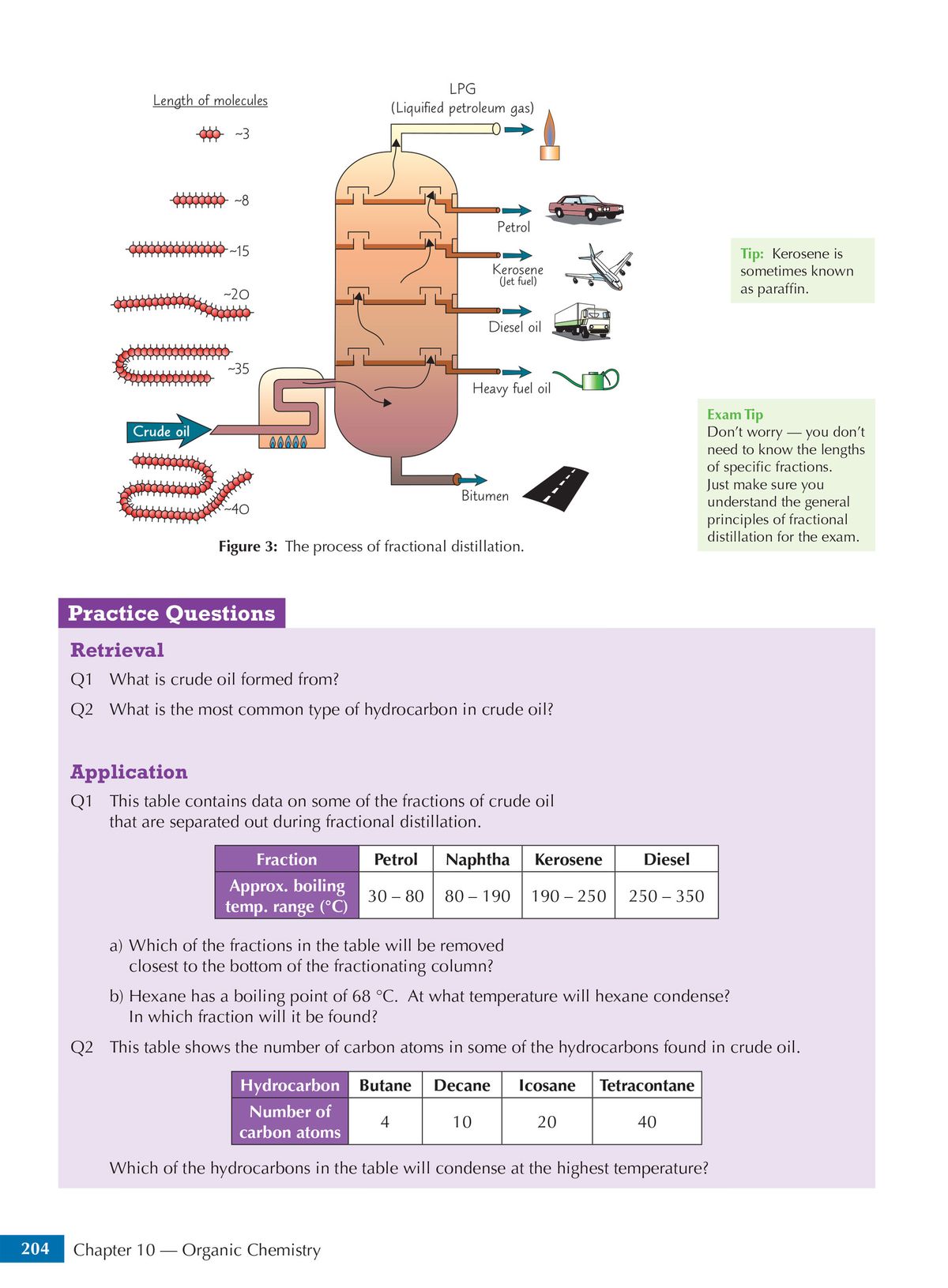 Fractional distillation diagram with practice questions on crude oil and hydrocarbons