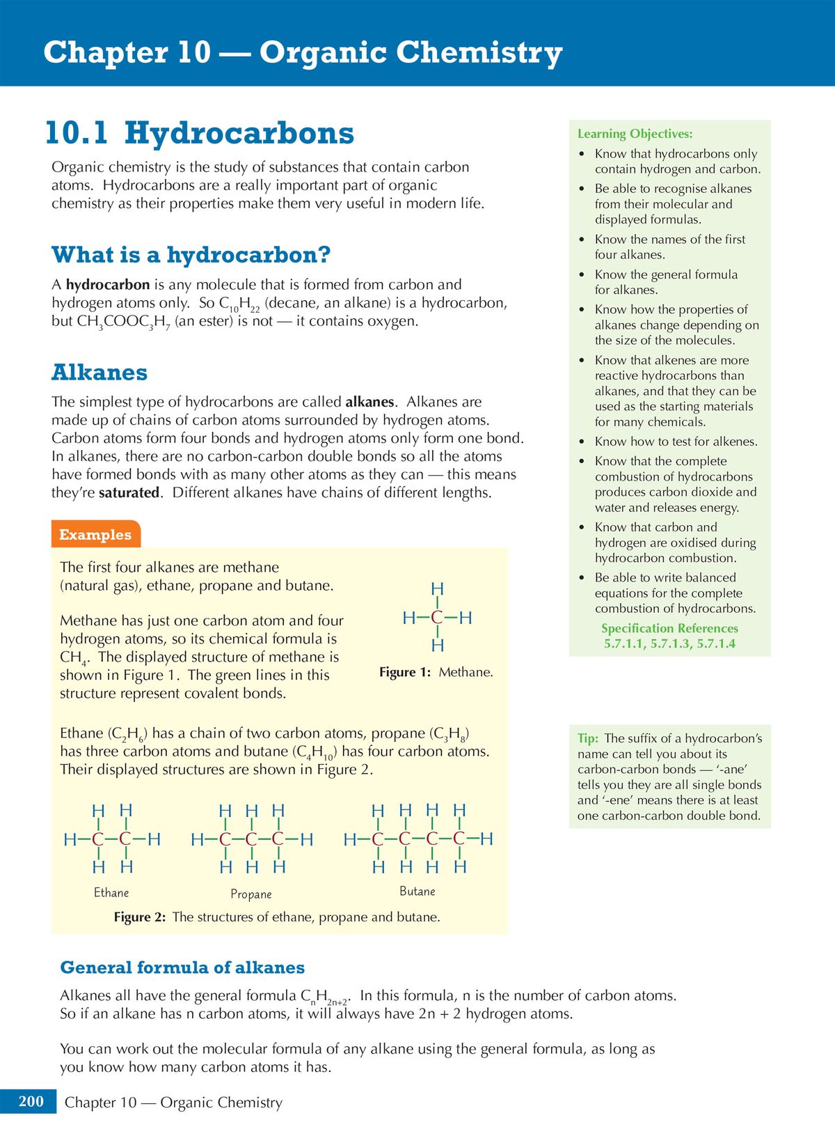 Chapter opener showing Organic Chemistry learning objectives and hydrocarbon structures