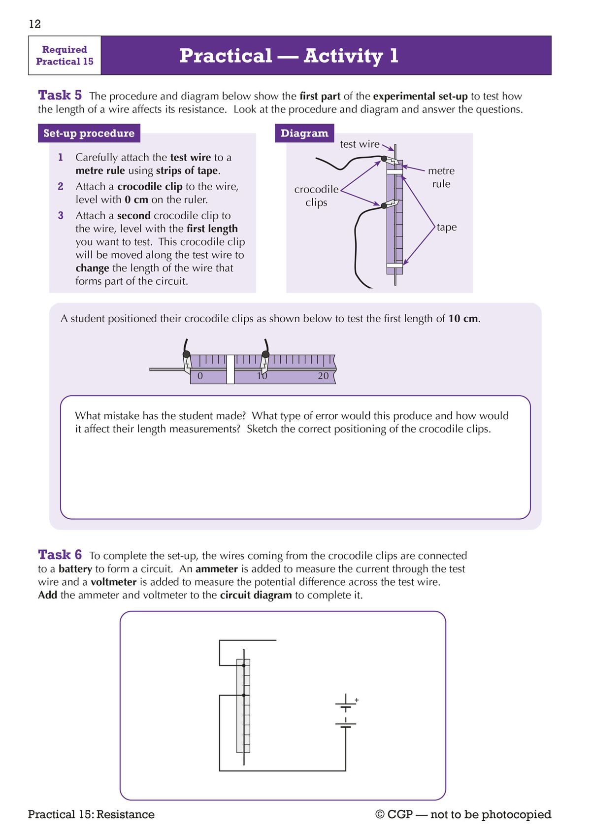 Sample page showing Required Practical 15 activity with setup procedure, diagram and student task questions