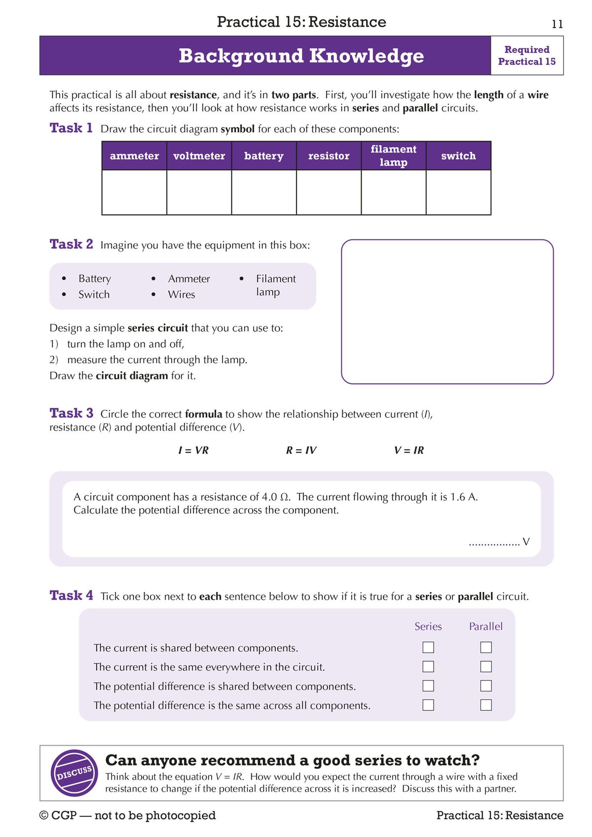 Sample page showing background knowledge tasks for Required Practical 15 on Resistance