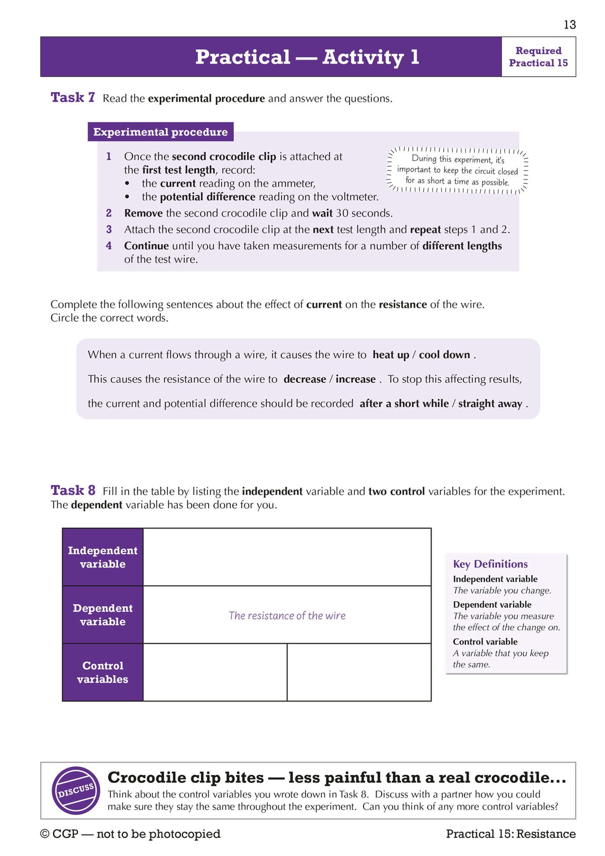 Practical activity page showing experimental procedure and tasks for investigating resistance