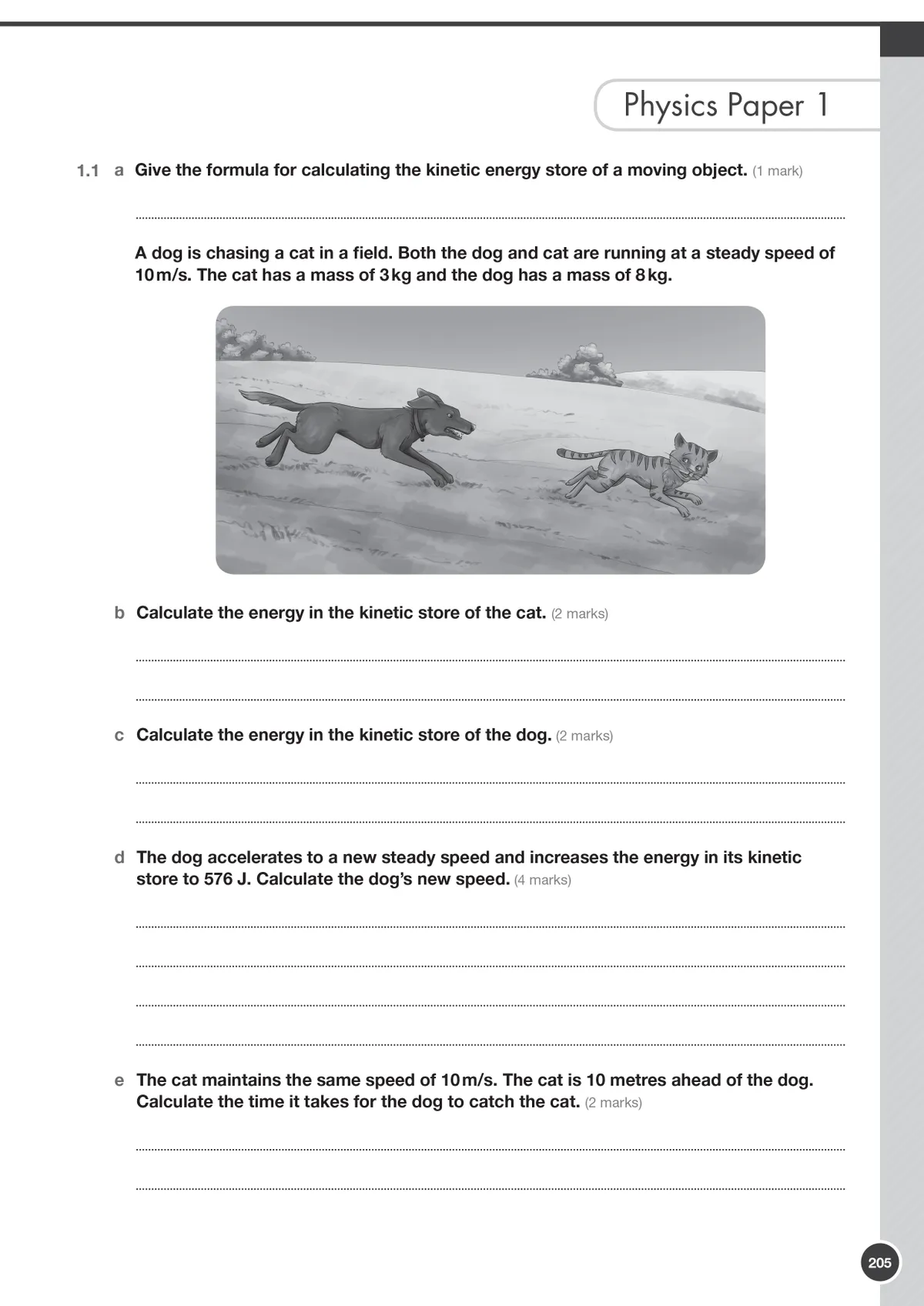 Sample physics exam question page showing kinetic energy calculations with illustration