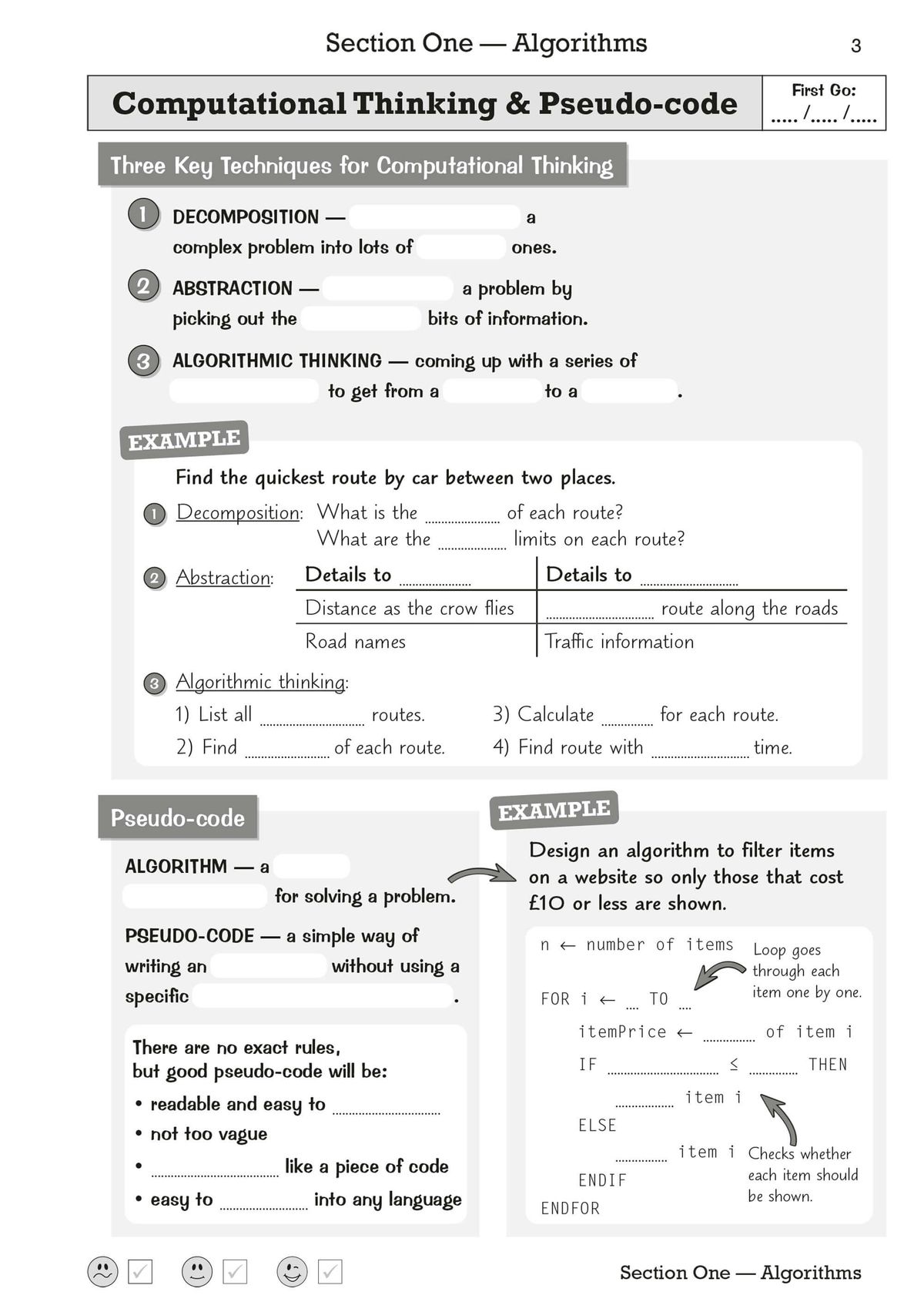 Sample page showing fill-in-the-blank exercises on computational thinking and pseudo-code