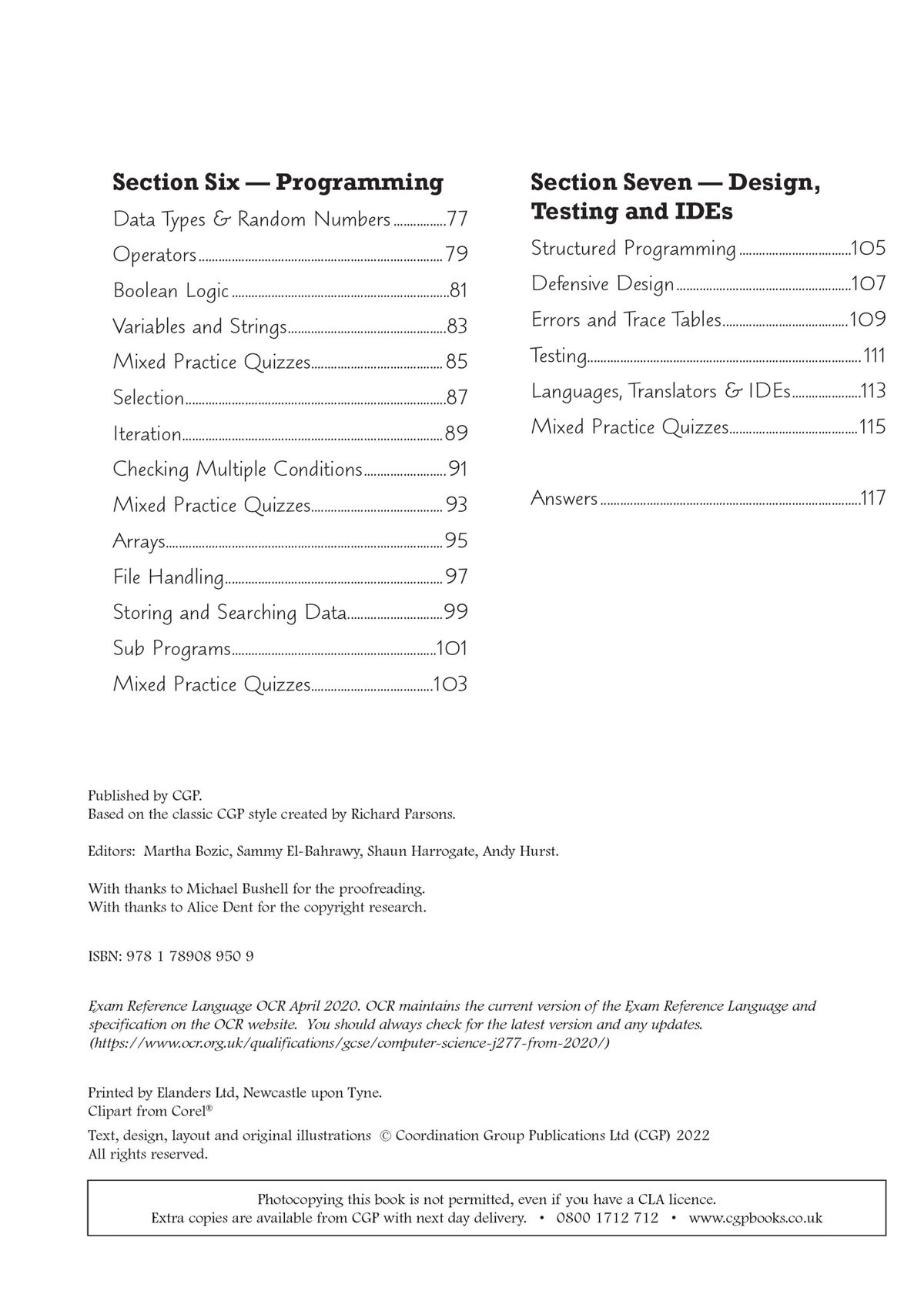 Contents page displaying sections on Programming, Design, Testing and IDEs with page numbers