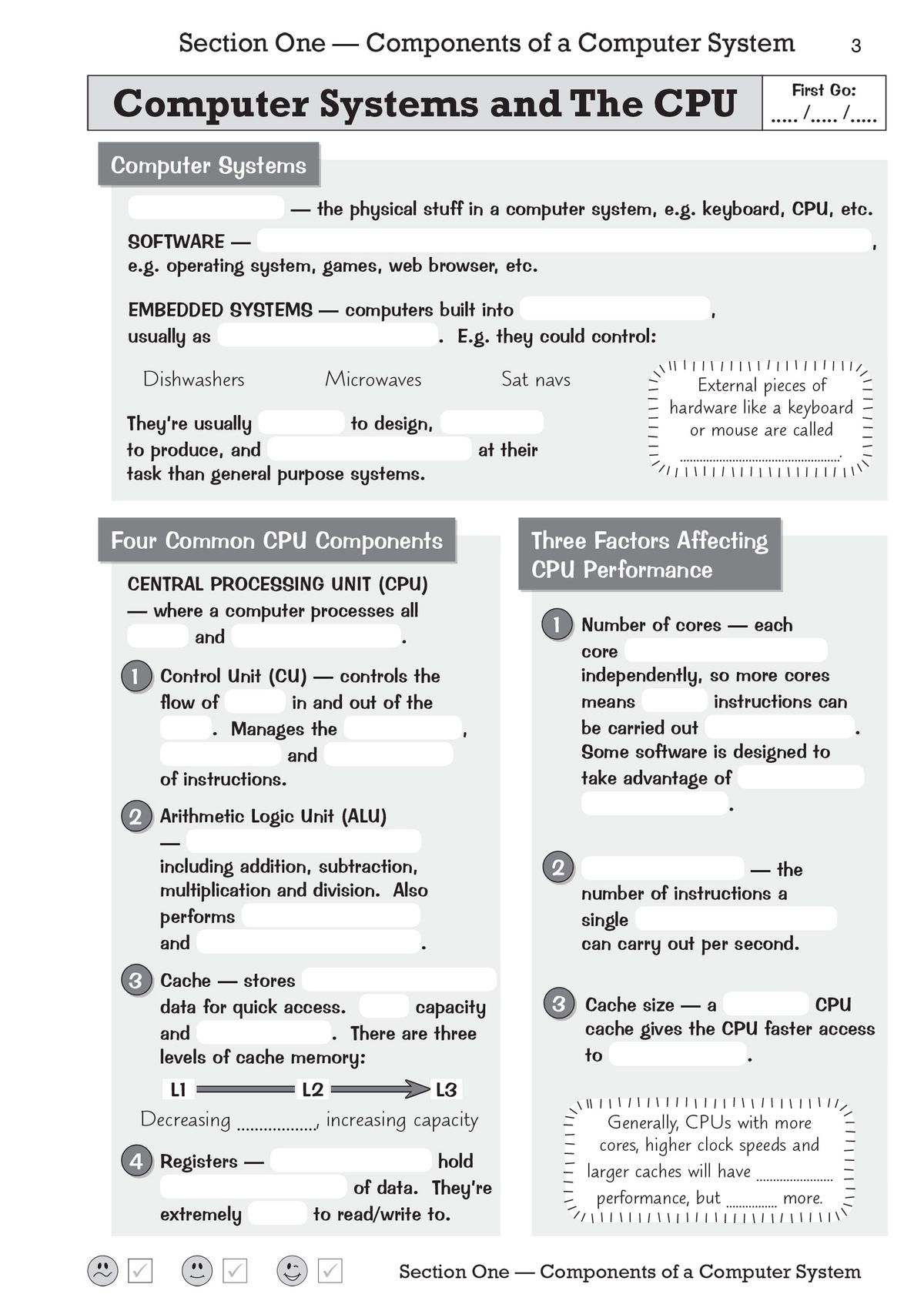 Sample page showing Computer Systems and CPU components with fill-in-the-blank exercises