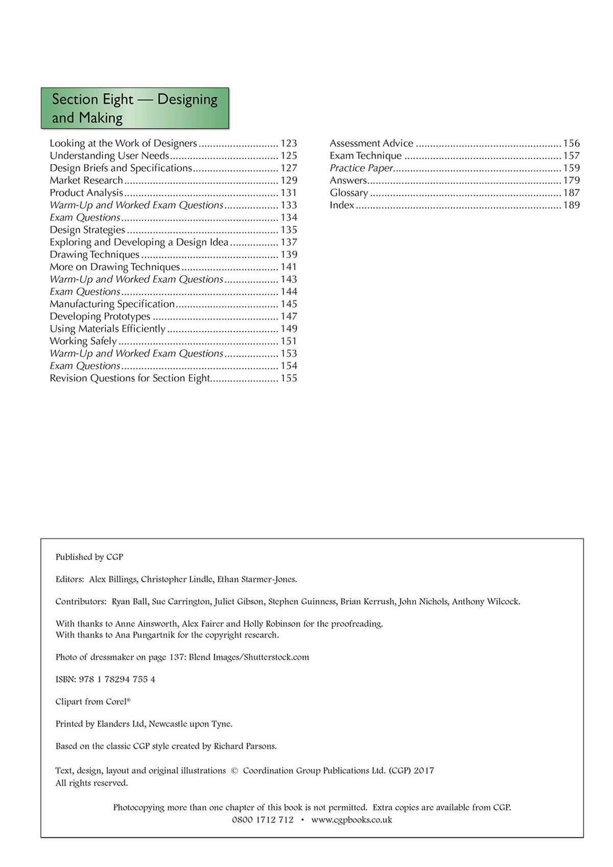 Contents page for Section Eight covering designing and making topics
