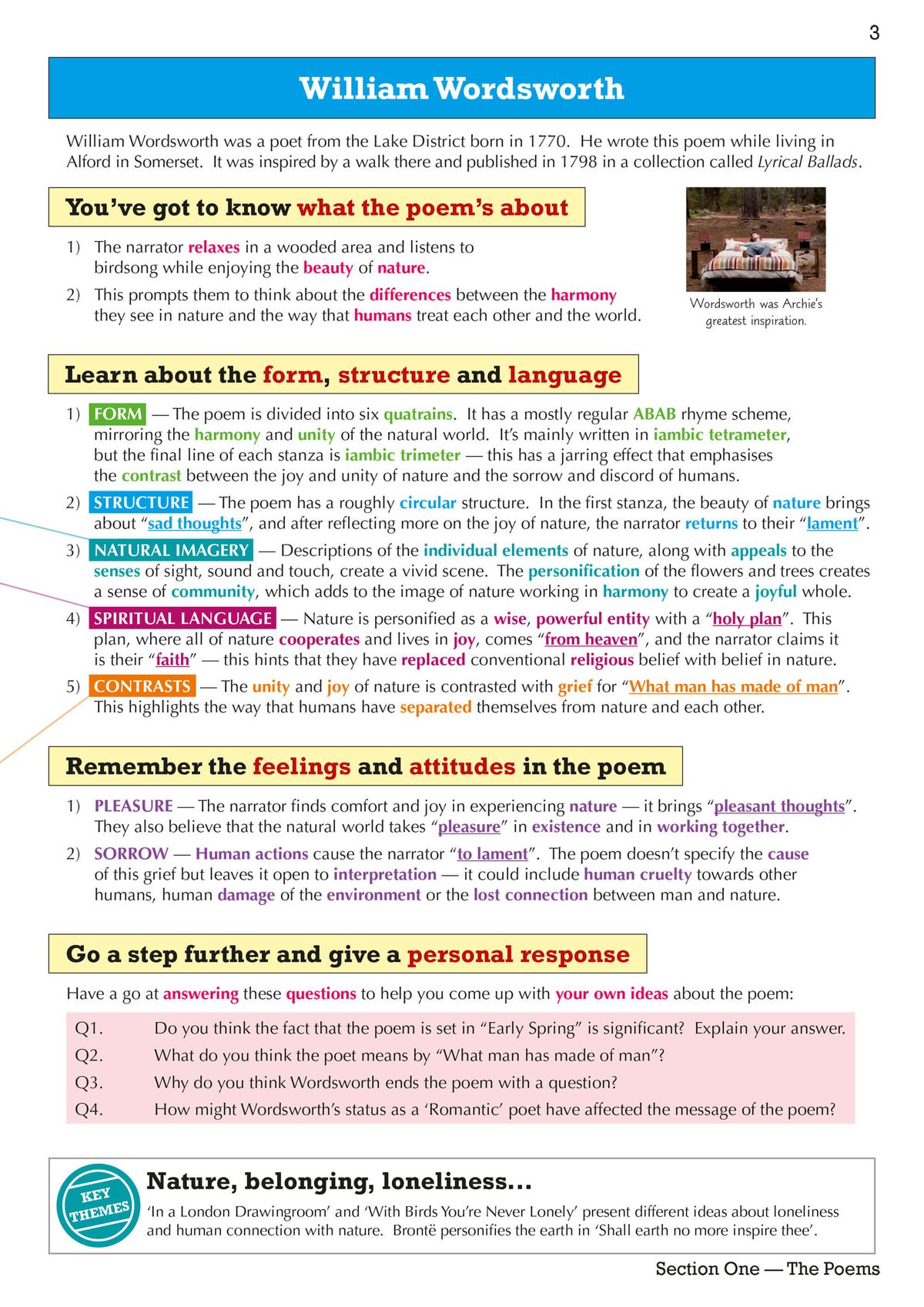 Sample page showing detailed analysis of Wordsworth's 'Lines Written in Early Spring' with annotations on form, structure, language and context