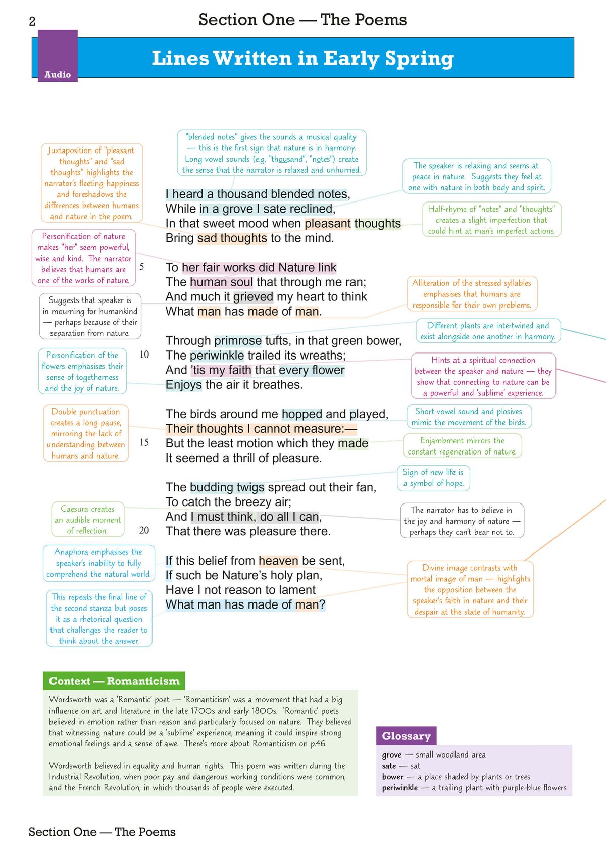 Inside page demonstrating comparative poetry analysis with theme-based groupings and key poetic techniques highlighted