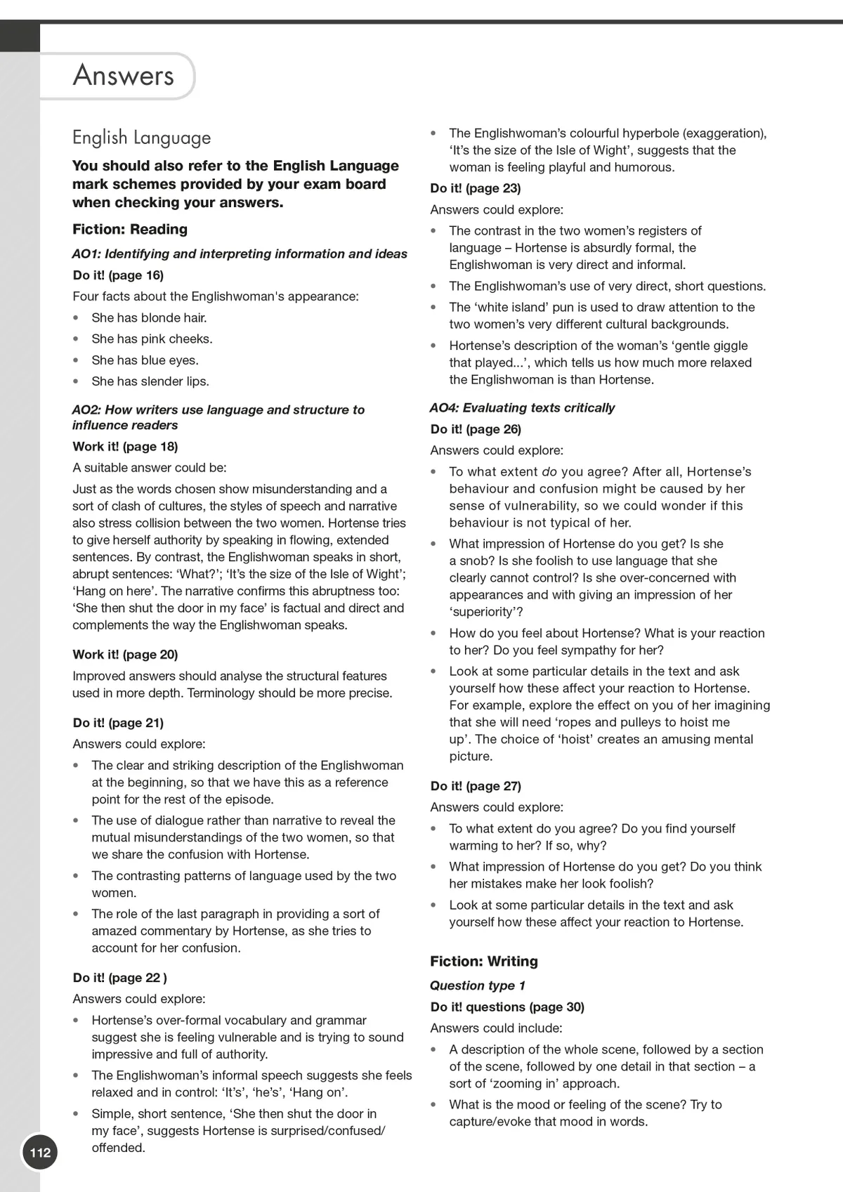 Sample pages from the GCSE English workbook showing detailed answer guidance and exam-style questions