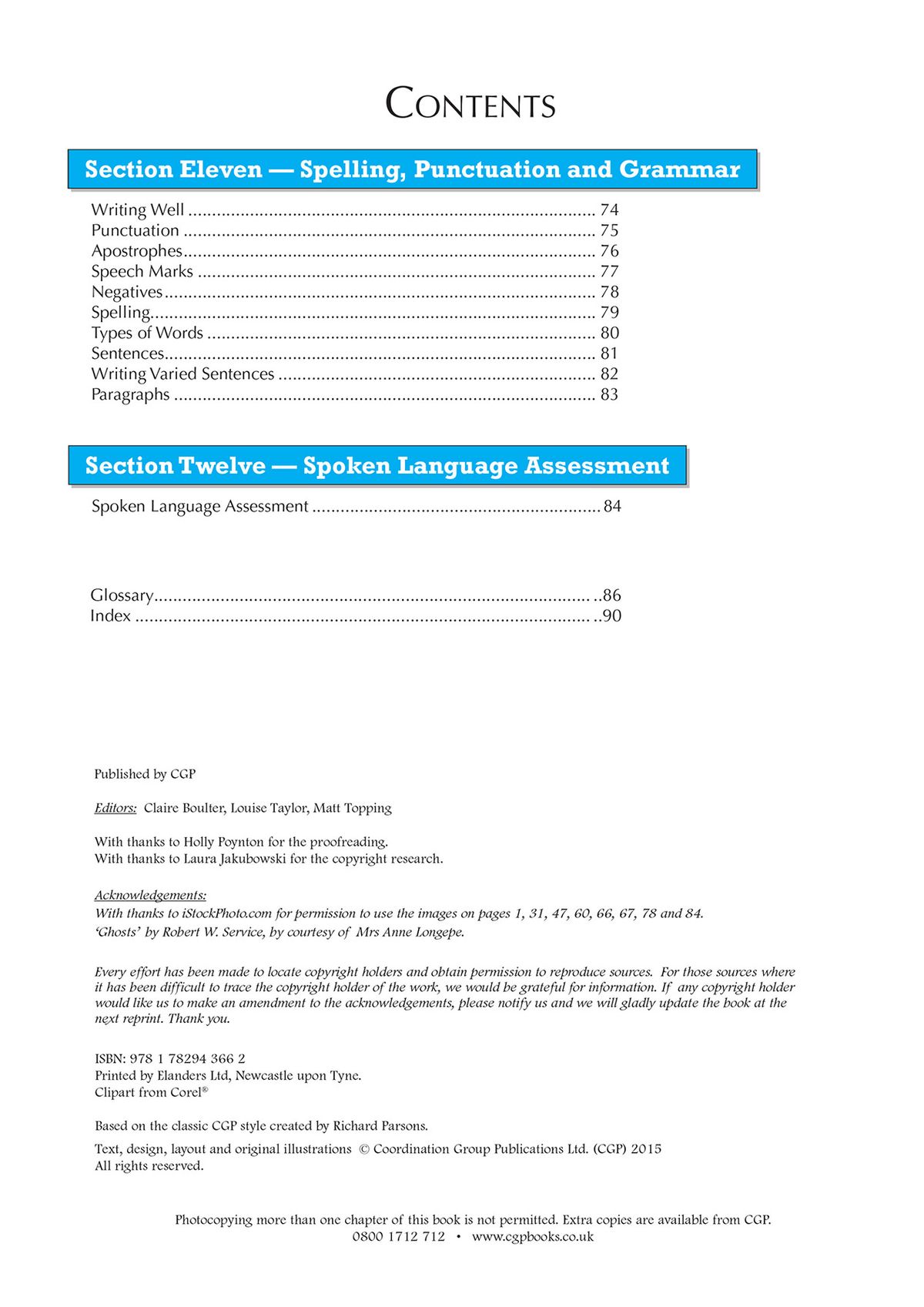 Contents page showing Spelling, Punctuation and Grammar section and Spoken Language Assessment section