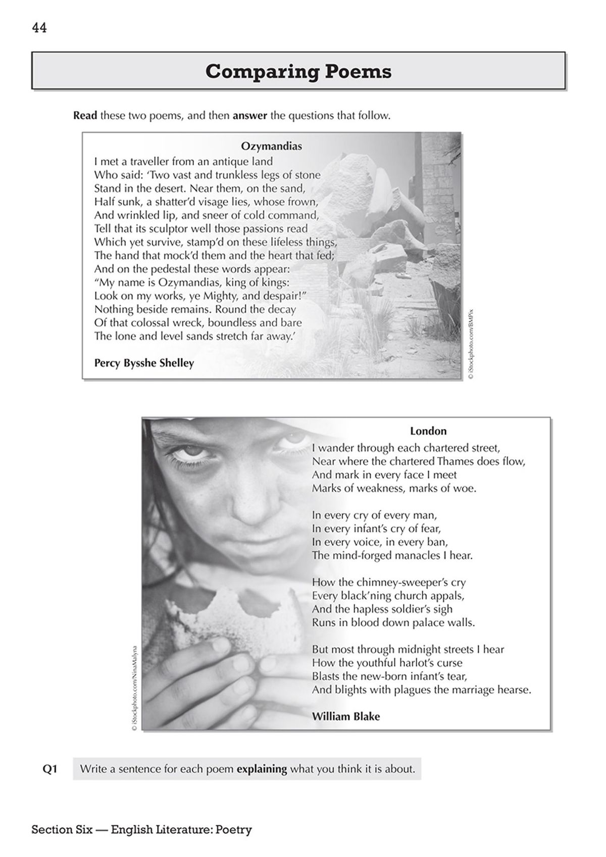 GCSE English Language and Literature Workbook page showing Comparing Poems section with Ozymandias and London poems