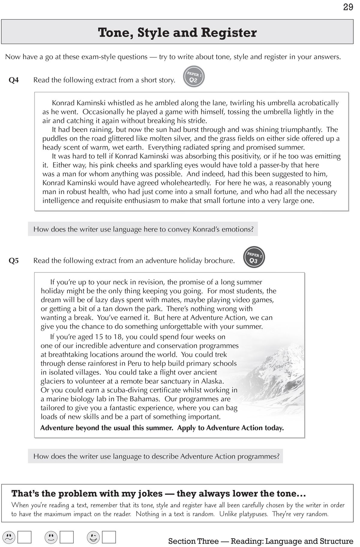 Workbook page demonstrating language analysis and exam-style response guidance