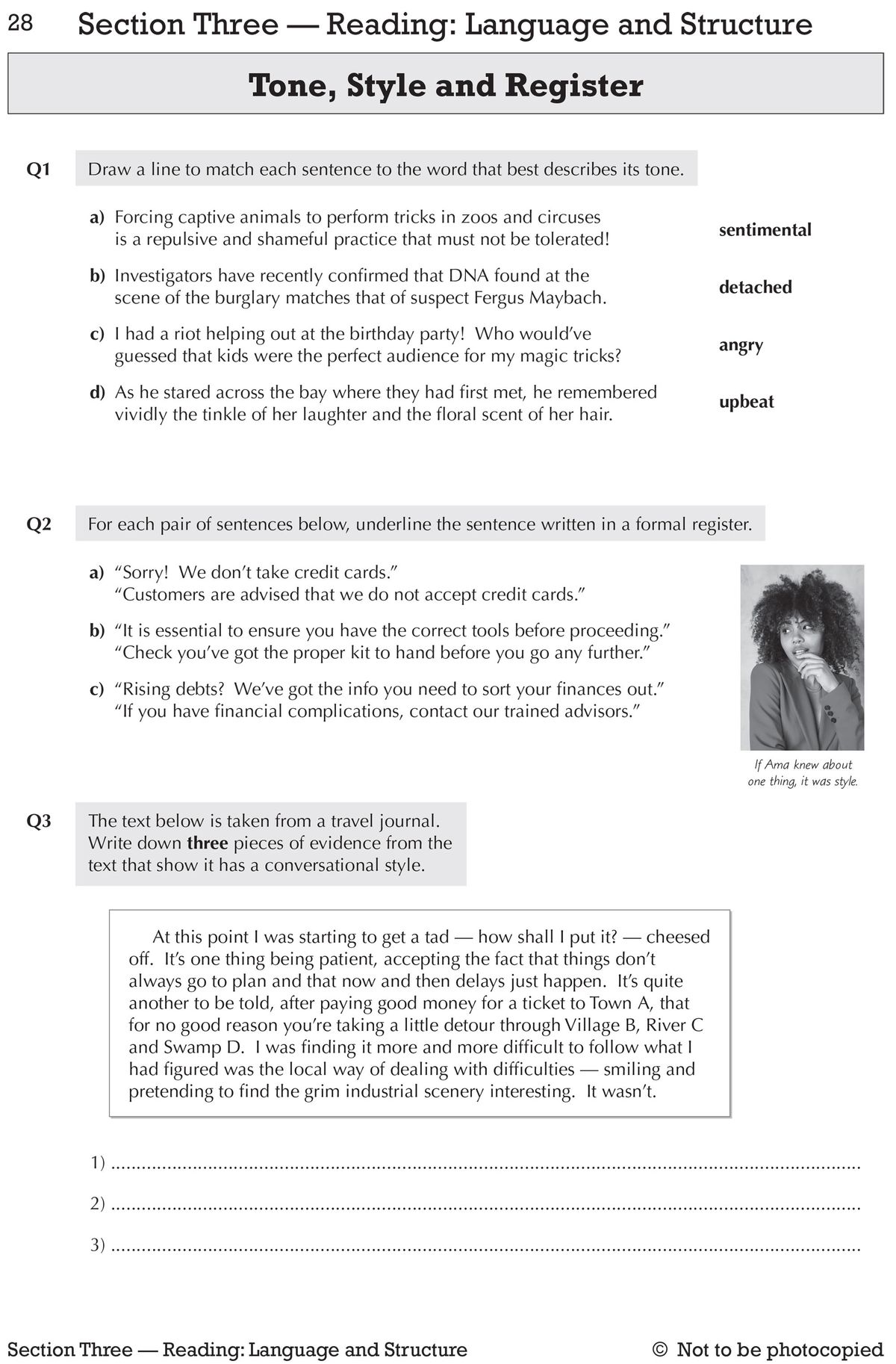 Sample workbook page showing tone, style and register reading comprehension questions