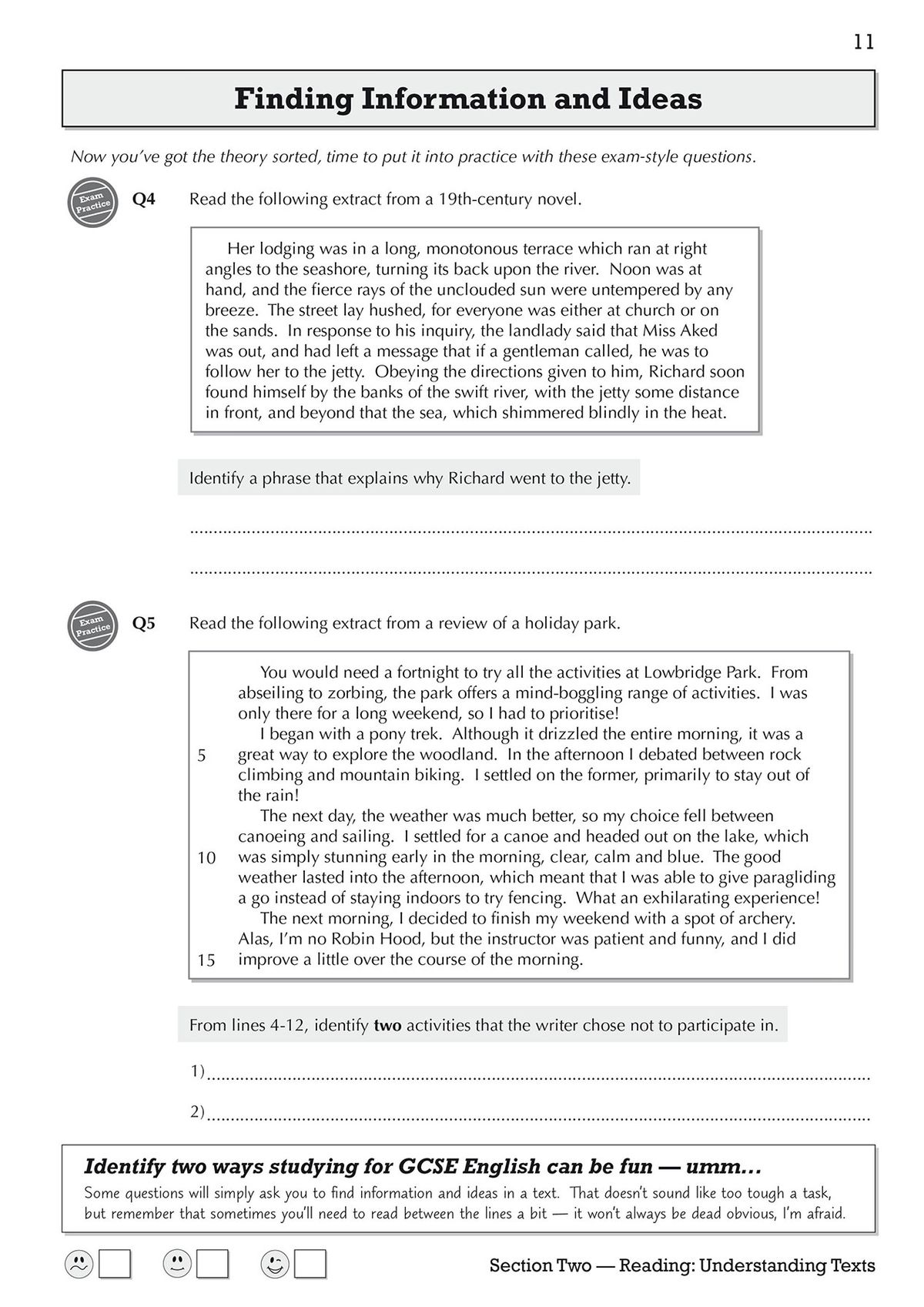 Inside page showing exam-style reading comprehension questions with 19th-century text extract