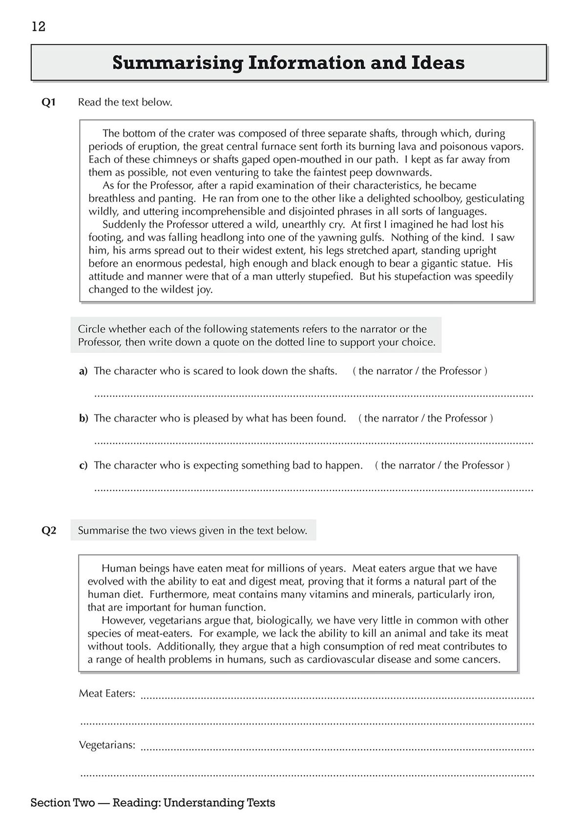 Inside page showing summarising tasks with numbered text extracts and answer lines